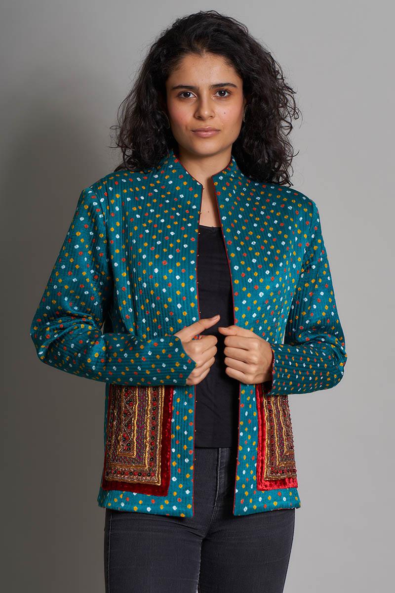 Zahira Bandhini quilted jacket with kantha block print lining and