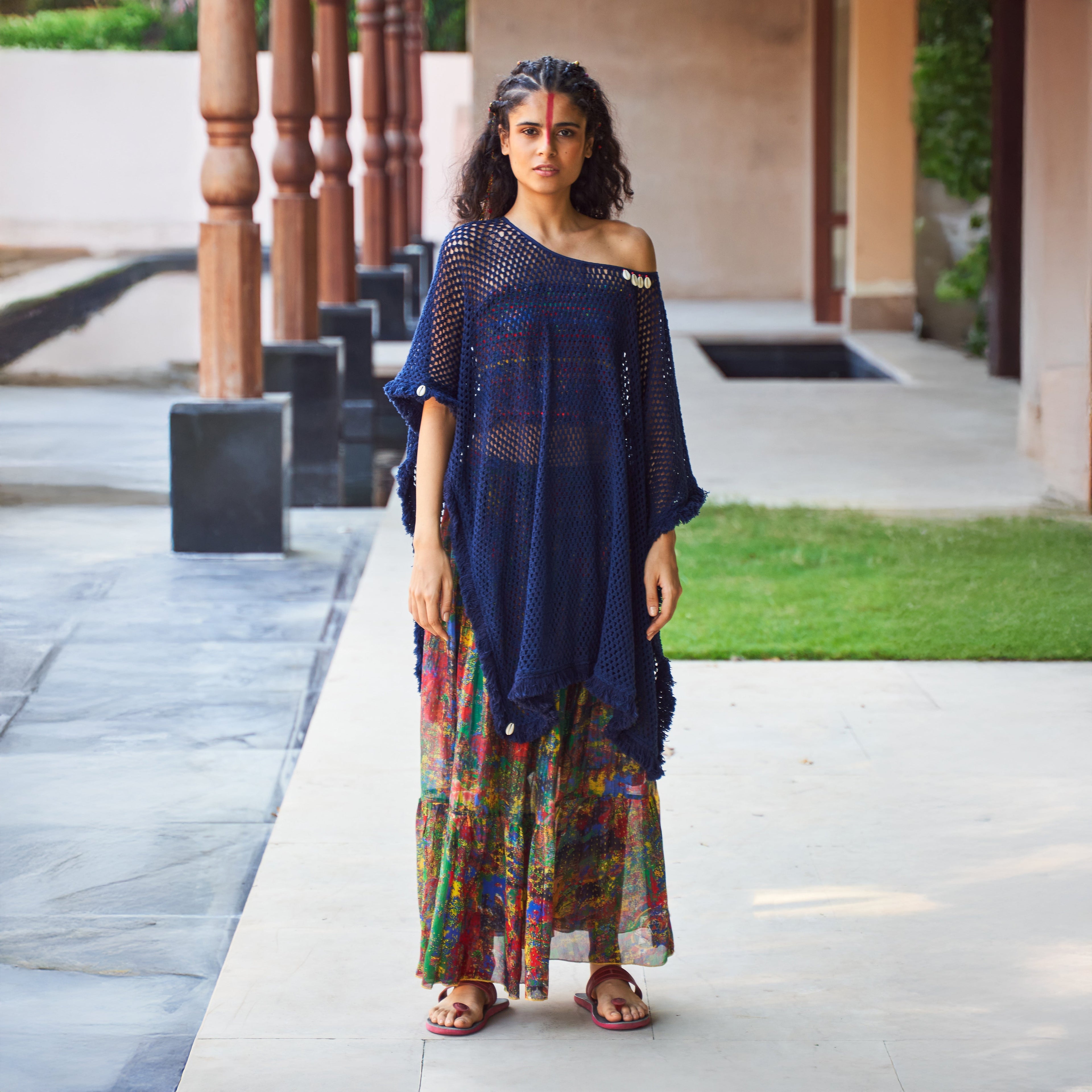 crochet kaftan dress SAACHI Women's Colorful Crochet V-Neck Cover-Up Kaftan - Red