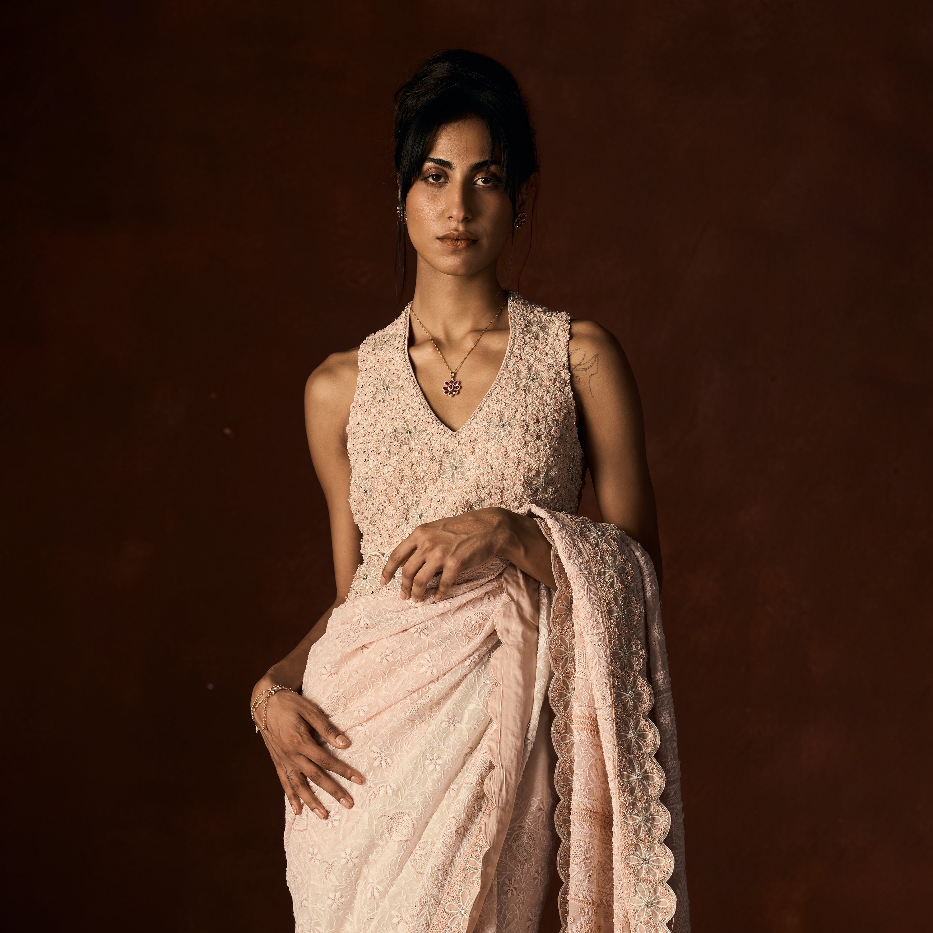 Rajani Chikankari Blush Pink Saree