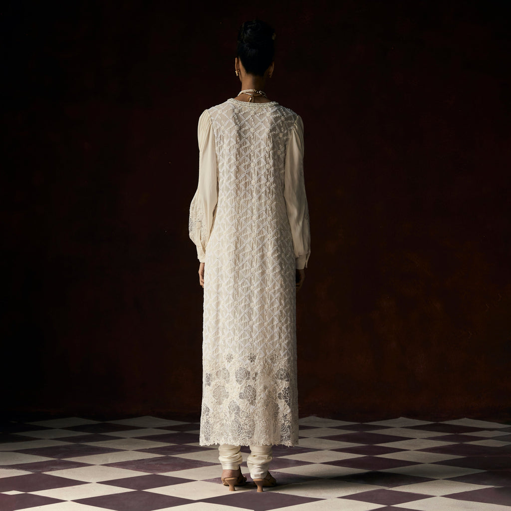 Ganga Chikankari Ivory Ultra Long Cutwork Applique Tunic