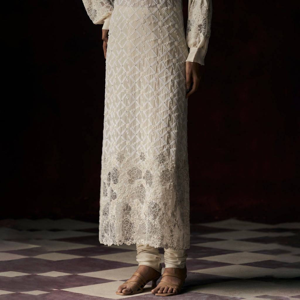 Ganga Chikankari Ivory Ultra Long Cutwork Applique Tunic