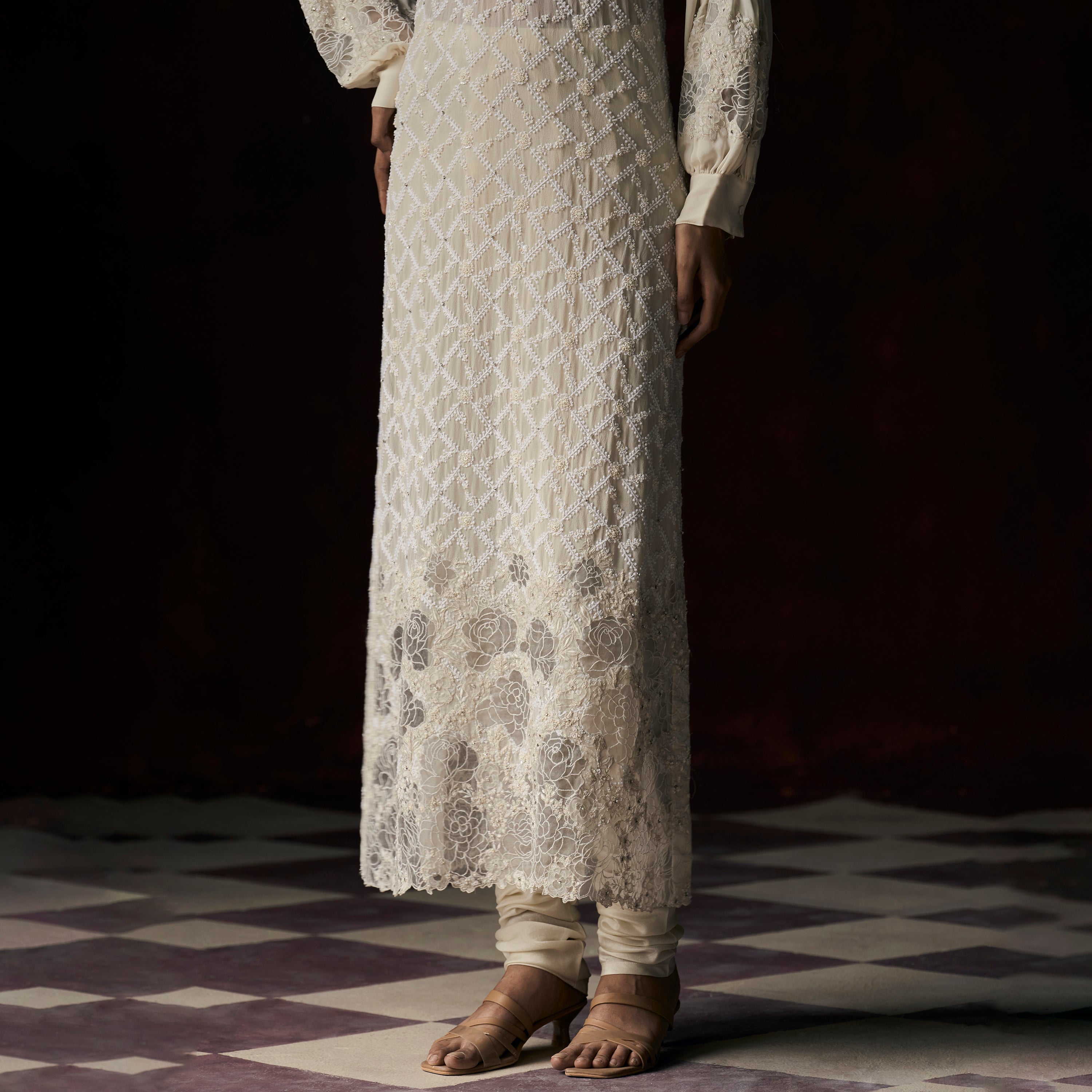 Ganga Chikankari Ivory Ultra Long Cutwork Applique Tunic