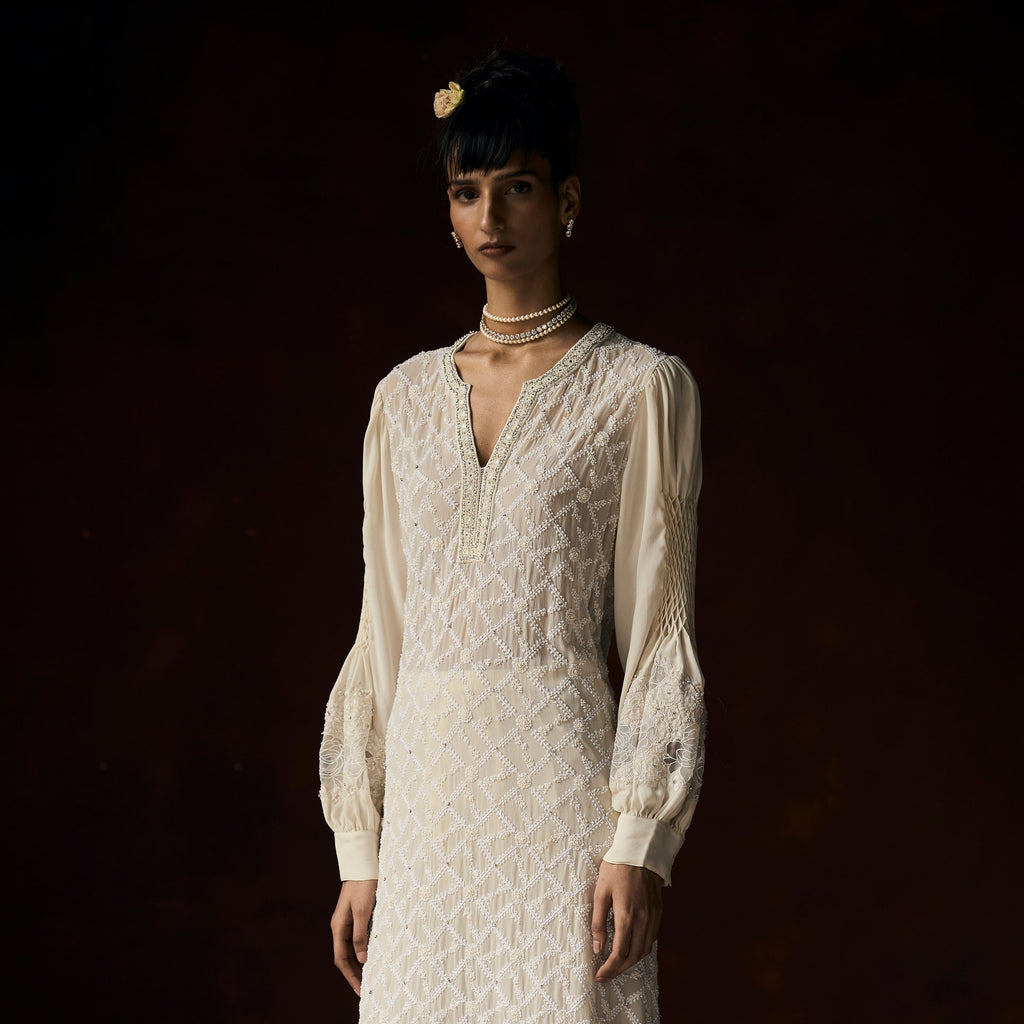 Ganga Chikankari Ivory Ultra Long Cutwork Applique Tunic