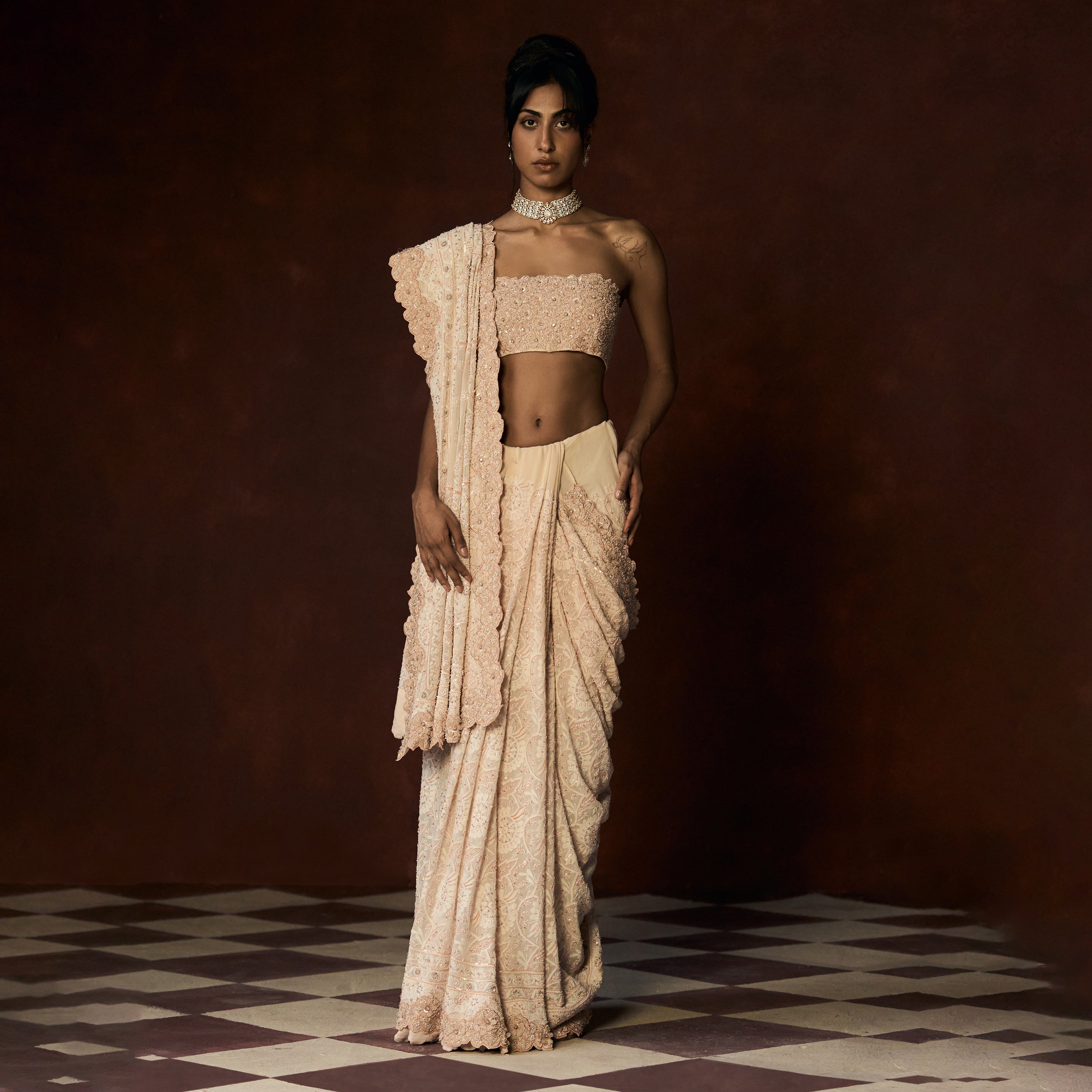 Rudrani Chikankari Blush Peach Saree