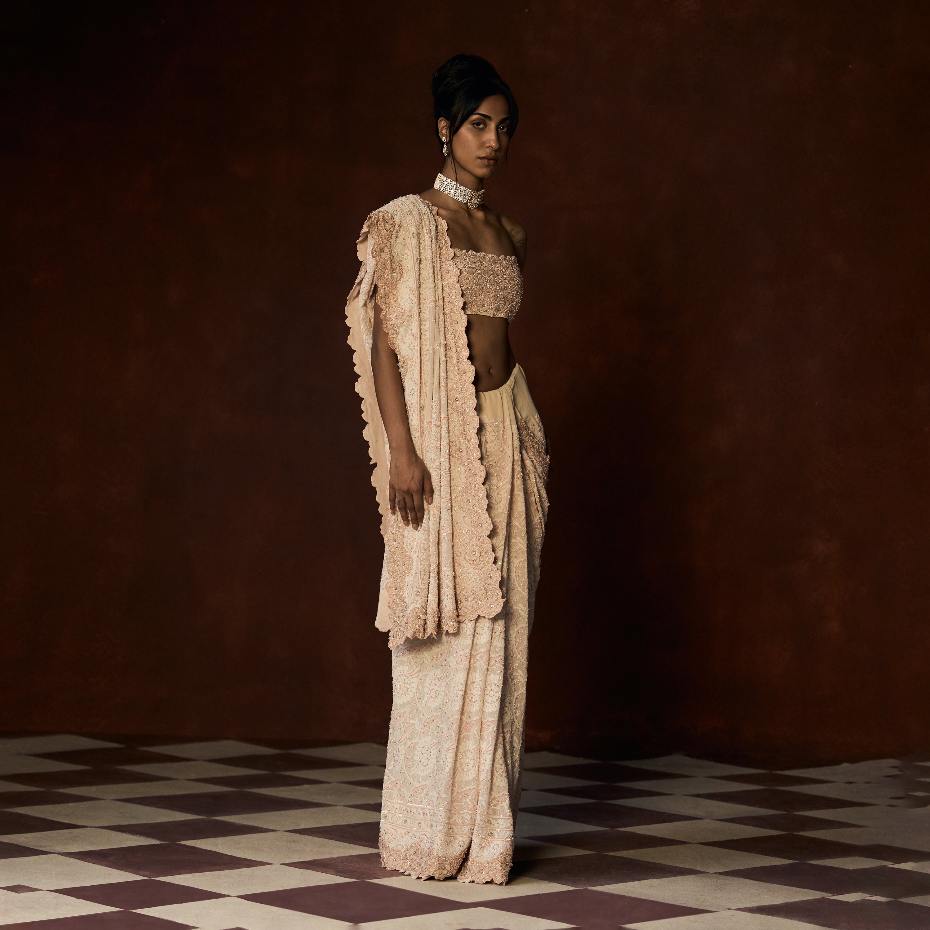 Rudrani Chikankari Blush Peach Saree