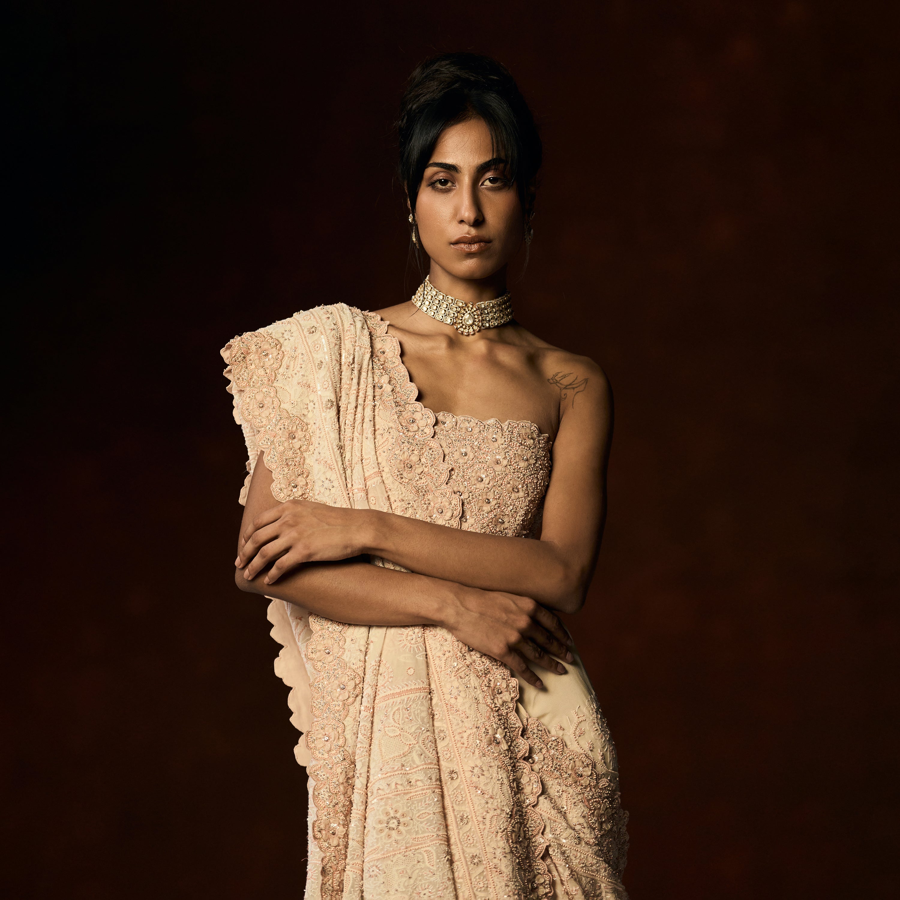 Rudrani Chikankari Blush Peach Saree