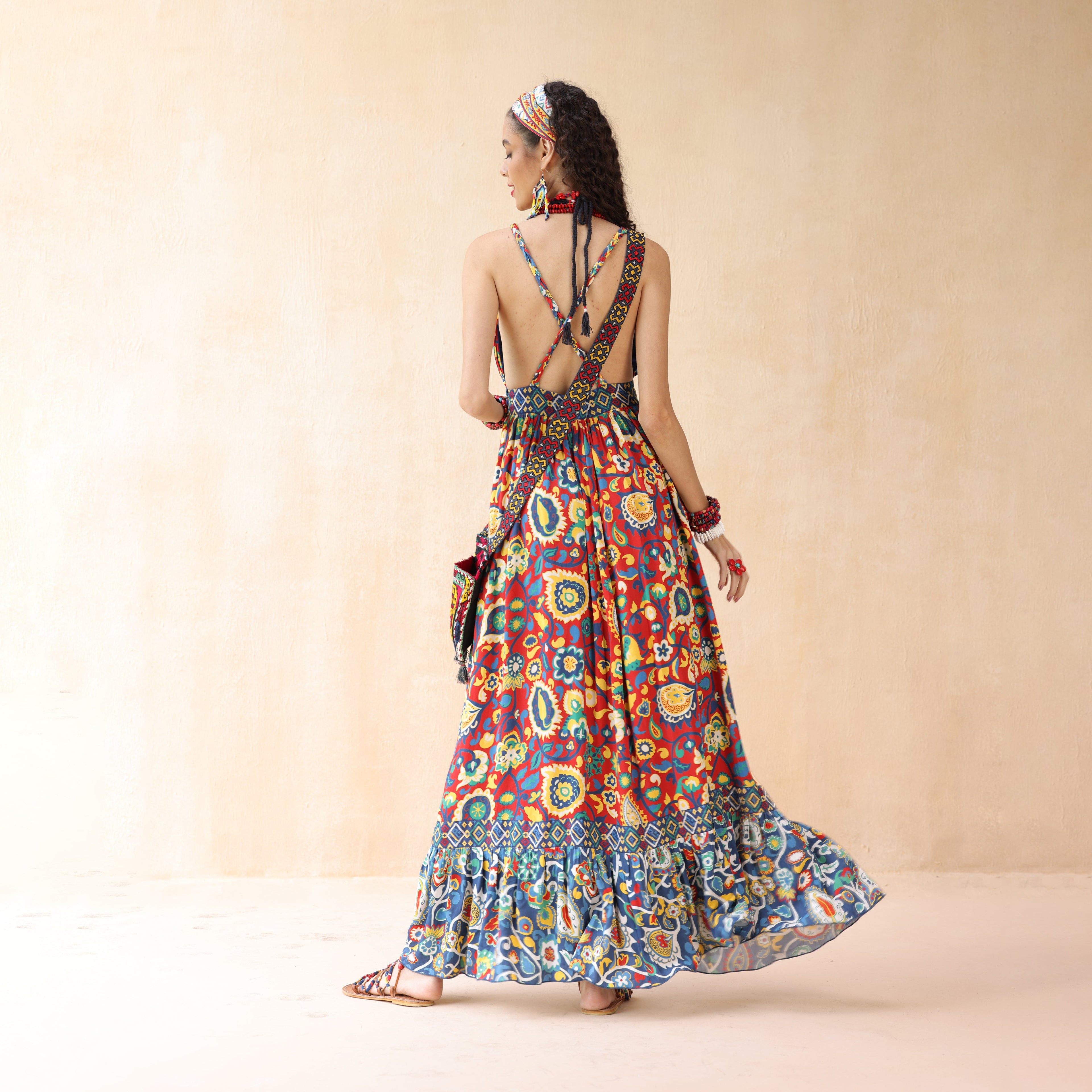 braided halter dress Orange-Pink Braided Halter Neck Gather Gown L