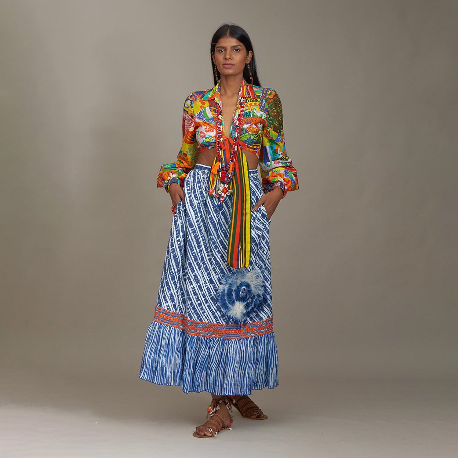 Amina Tie Up Poetess Blouse Jungle Trail Patchwork