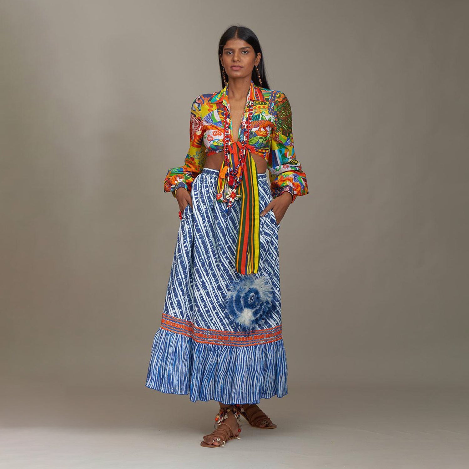 Bailey Midi Tiered Skirt Shibori Borders