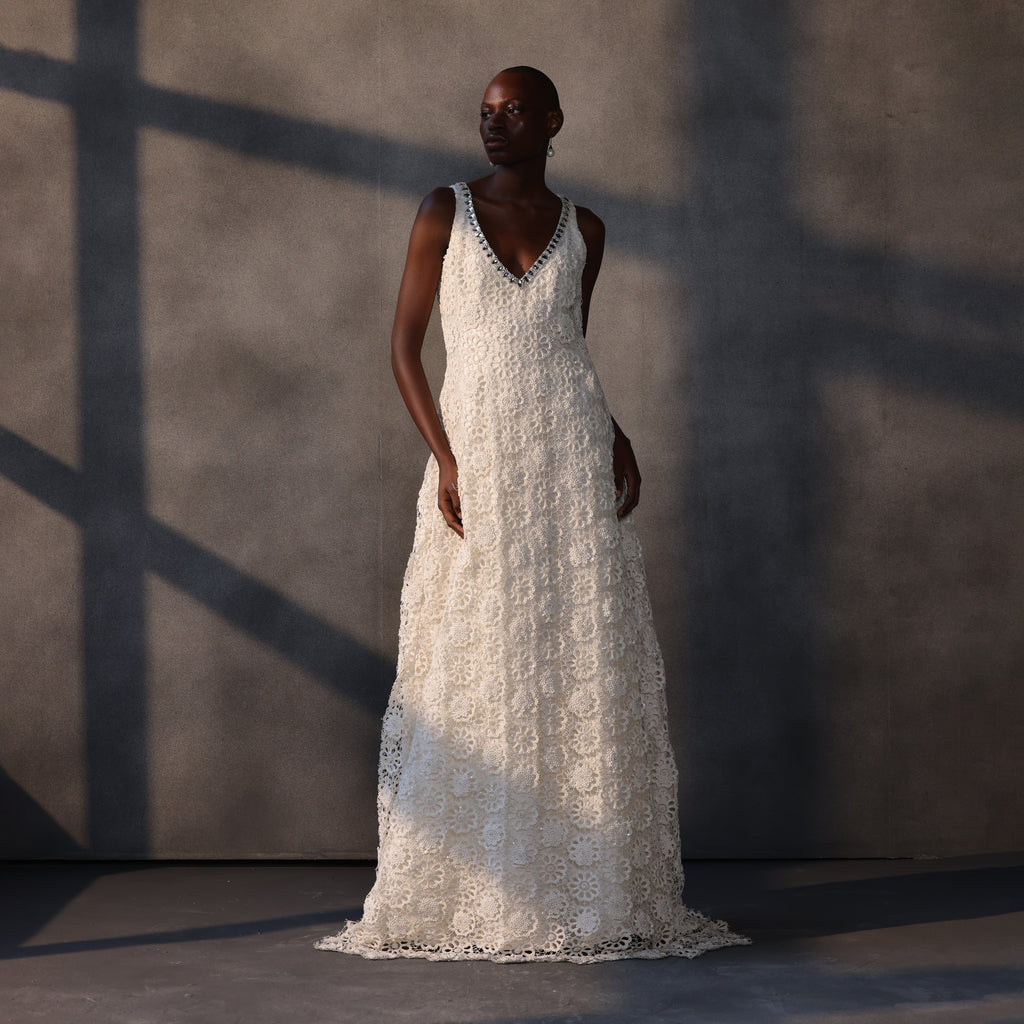 Ethereal Whispers – Guipure Cutwork Lace Gown