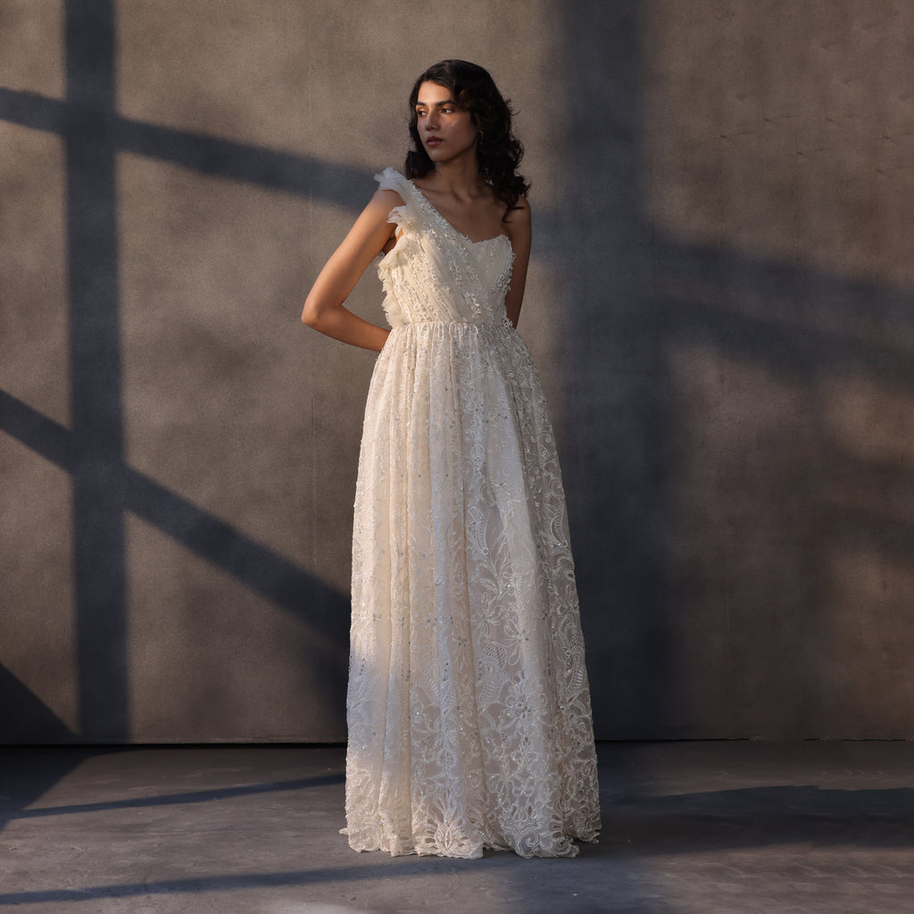 Ivory Cascade – Layered Organza Corset Gown