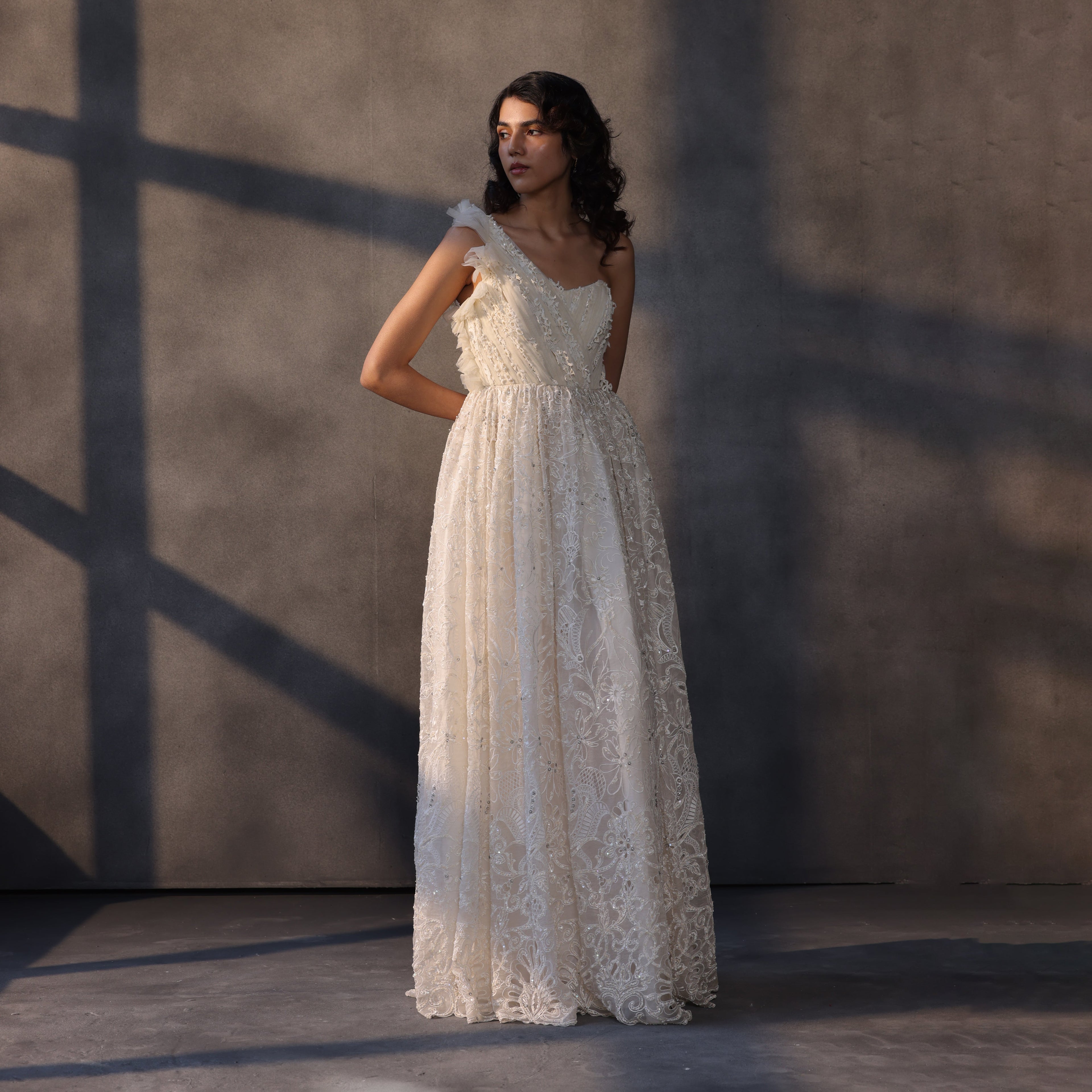 Ivory Cascade – Layered Organza Corset Gown