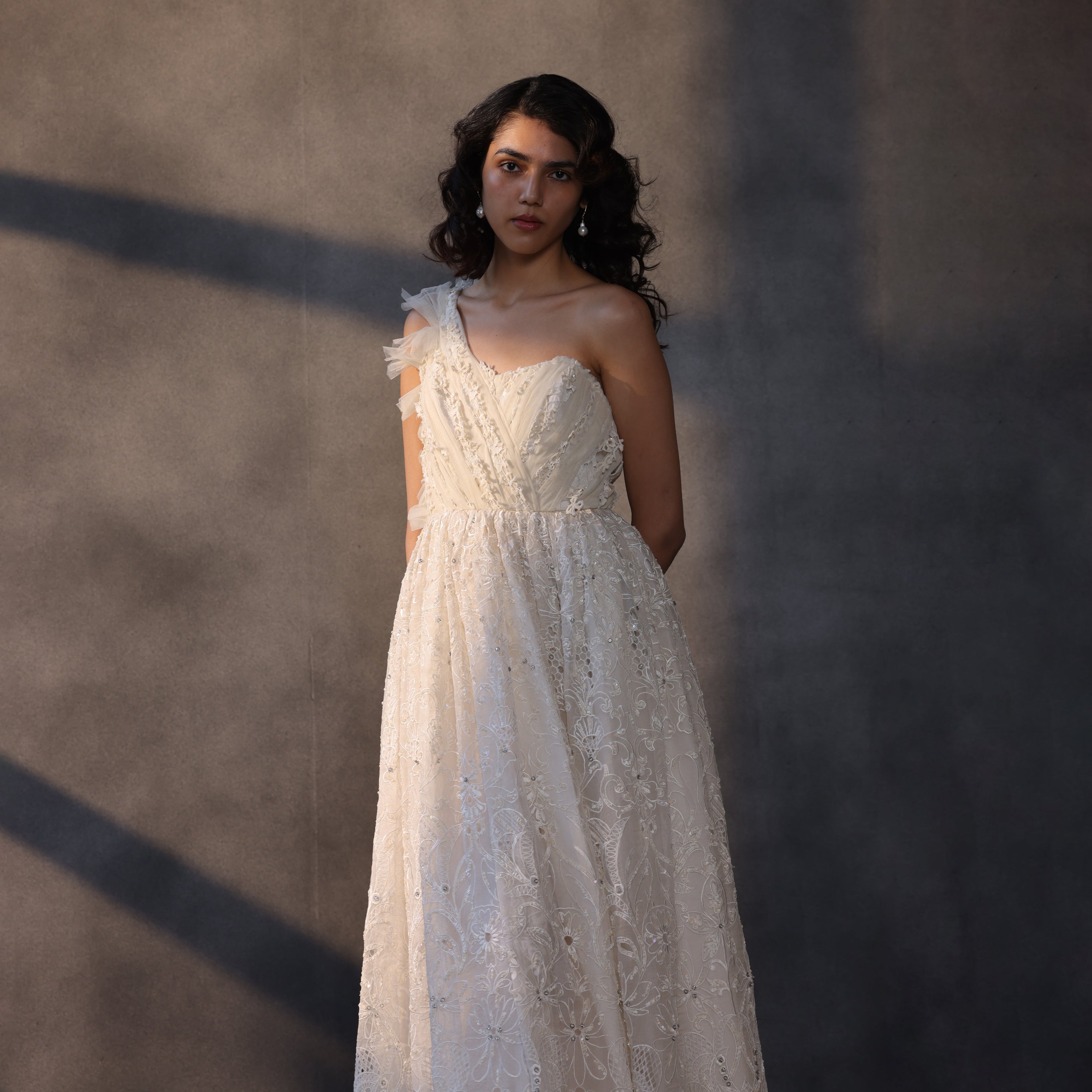 Ivory Cascade – Layered Organza Corset Gown