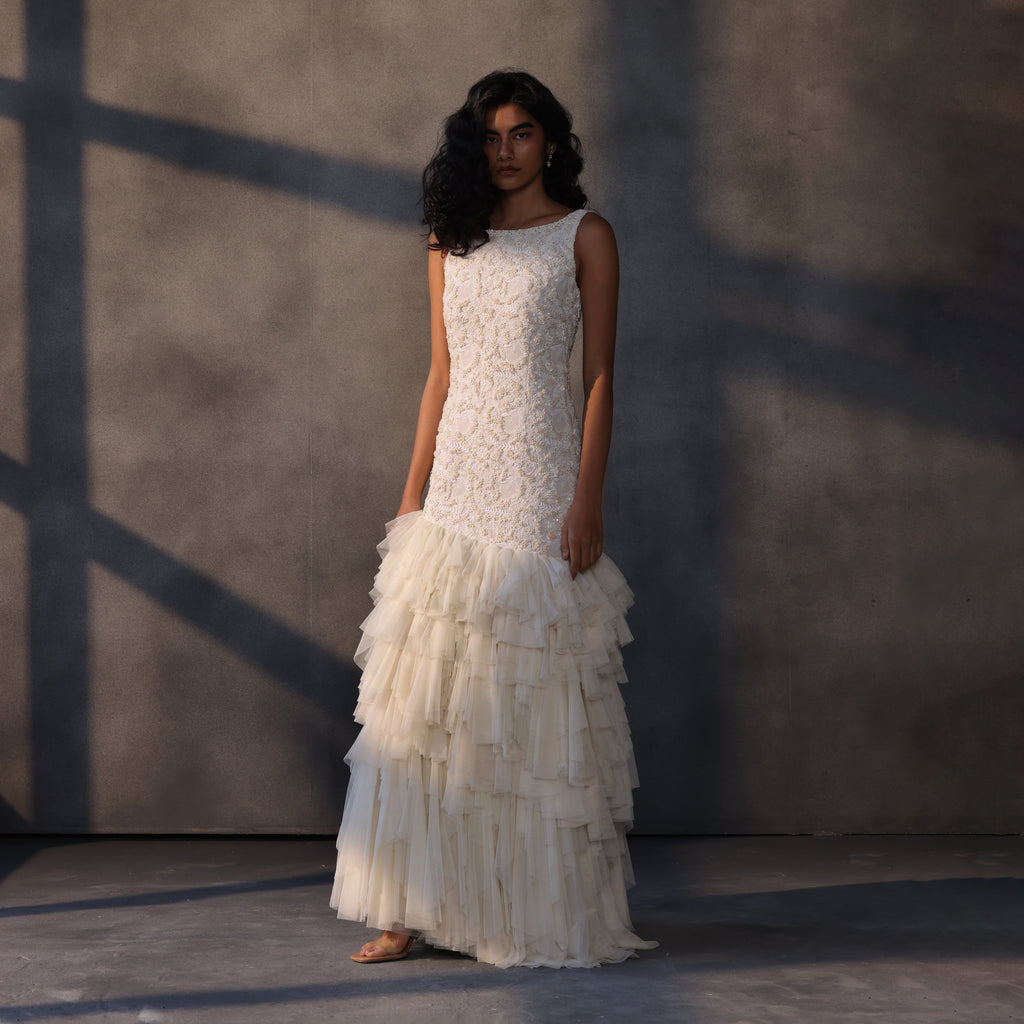 Ivory Reverie – Chikankari Cascade Gown