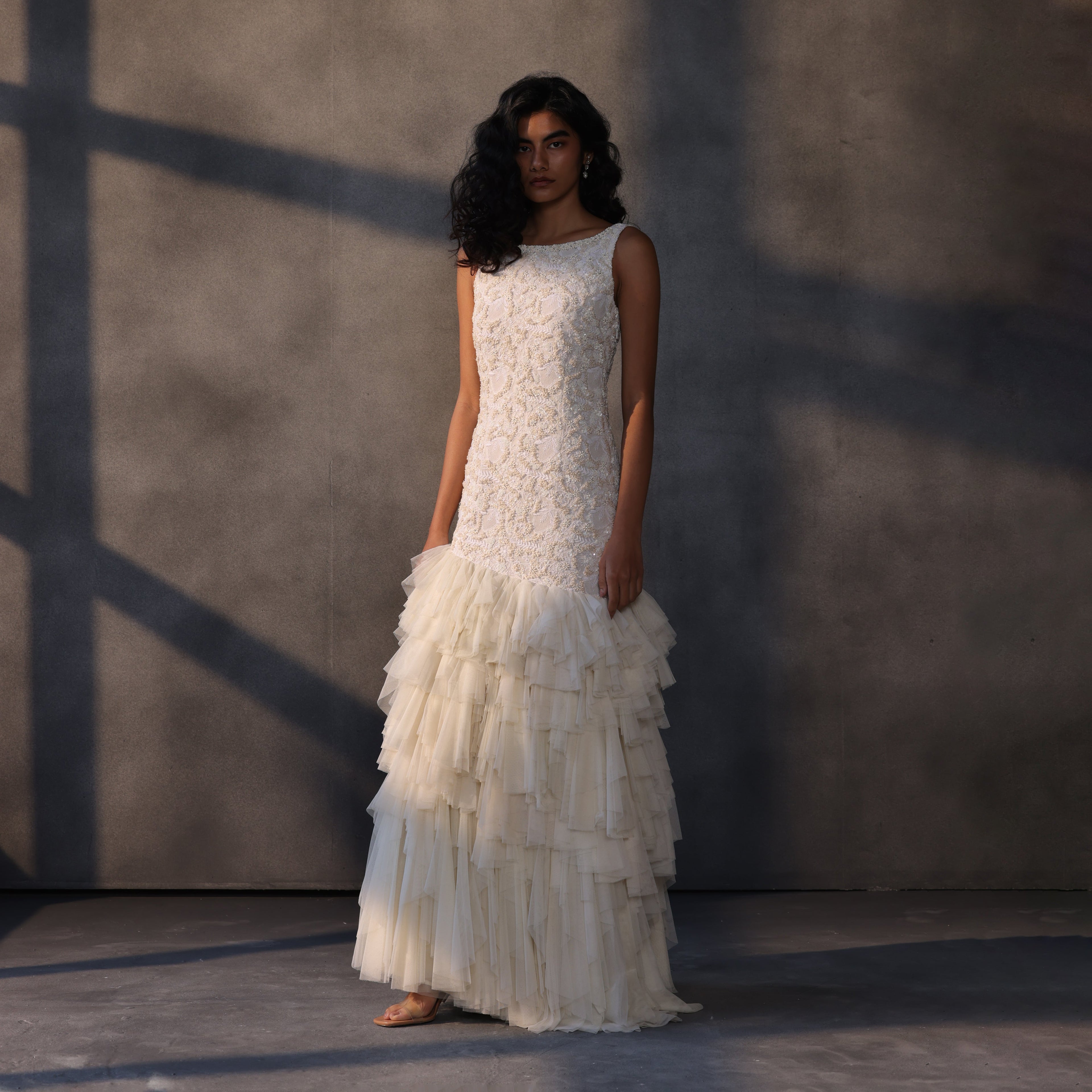 Ivory Reverie – Chikankari Cascade Gown