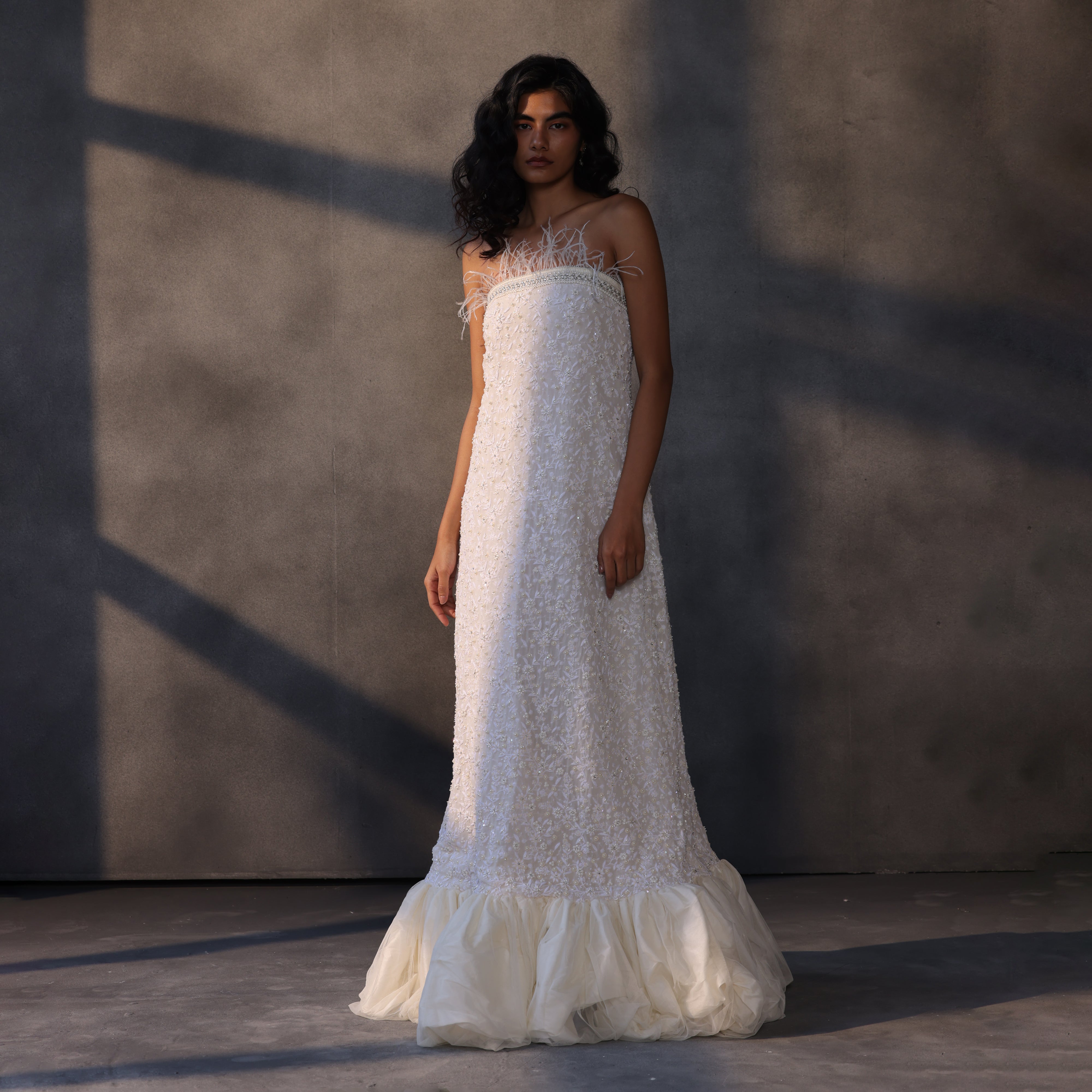 Celestial Waltz – Feather-Detailed Balloon Gown