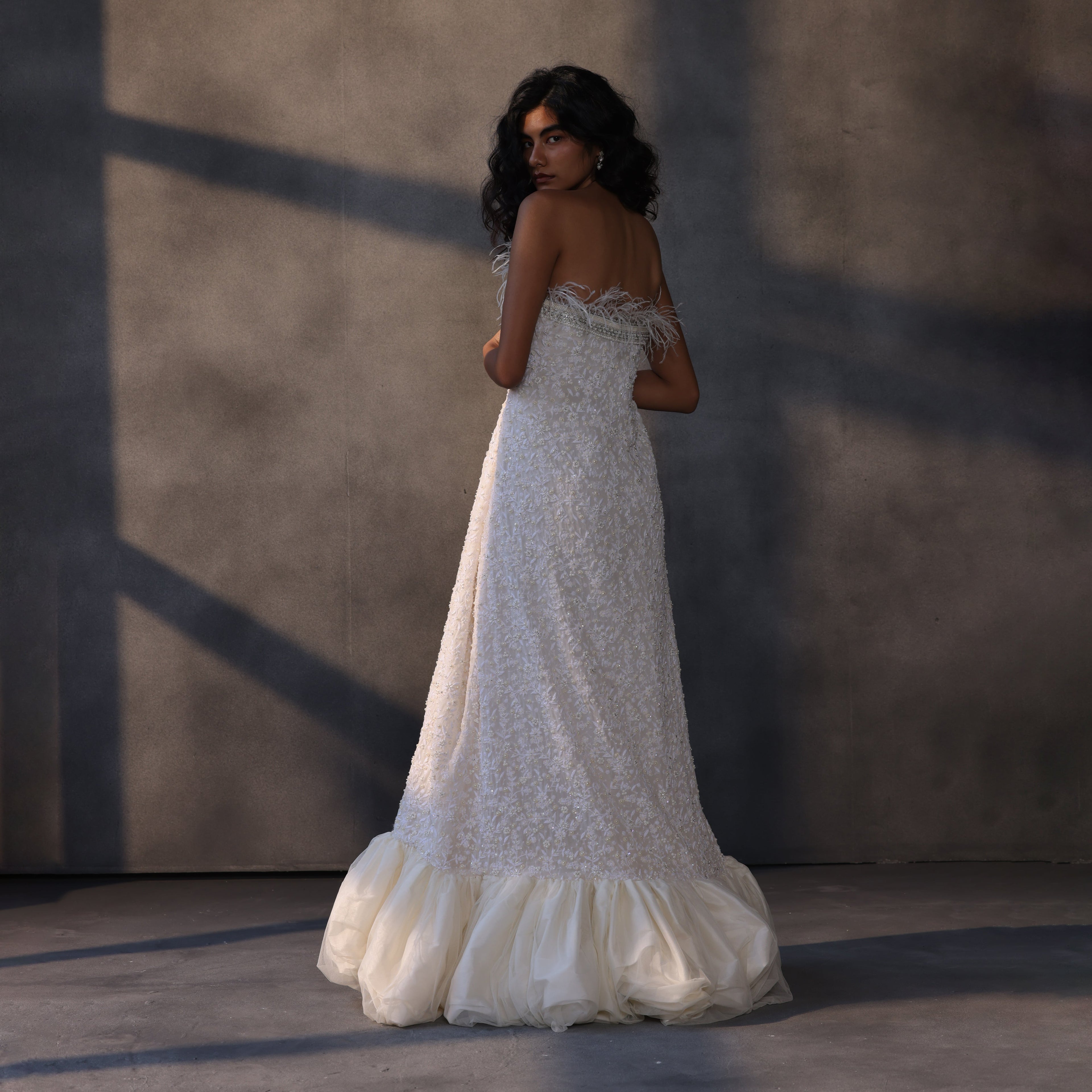 Celestial Waltz – Feather-Detailed Balloon Gown