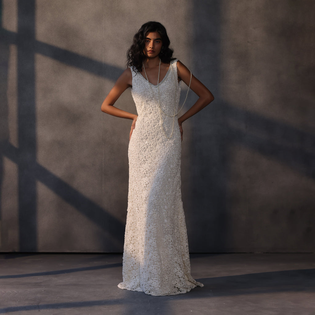 Silent Moon – Bejeweled Guipure Lace Gown