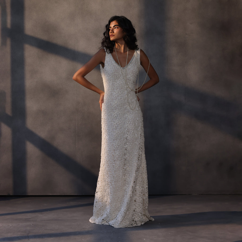 Silent Moon – Bejeweled Guipure Lace Gown