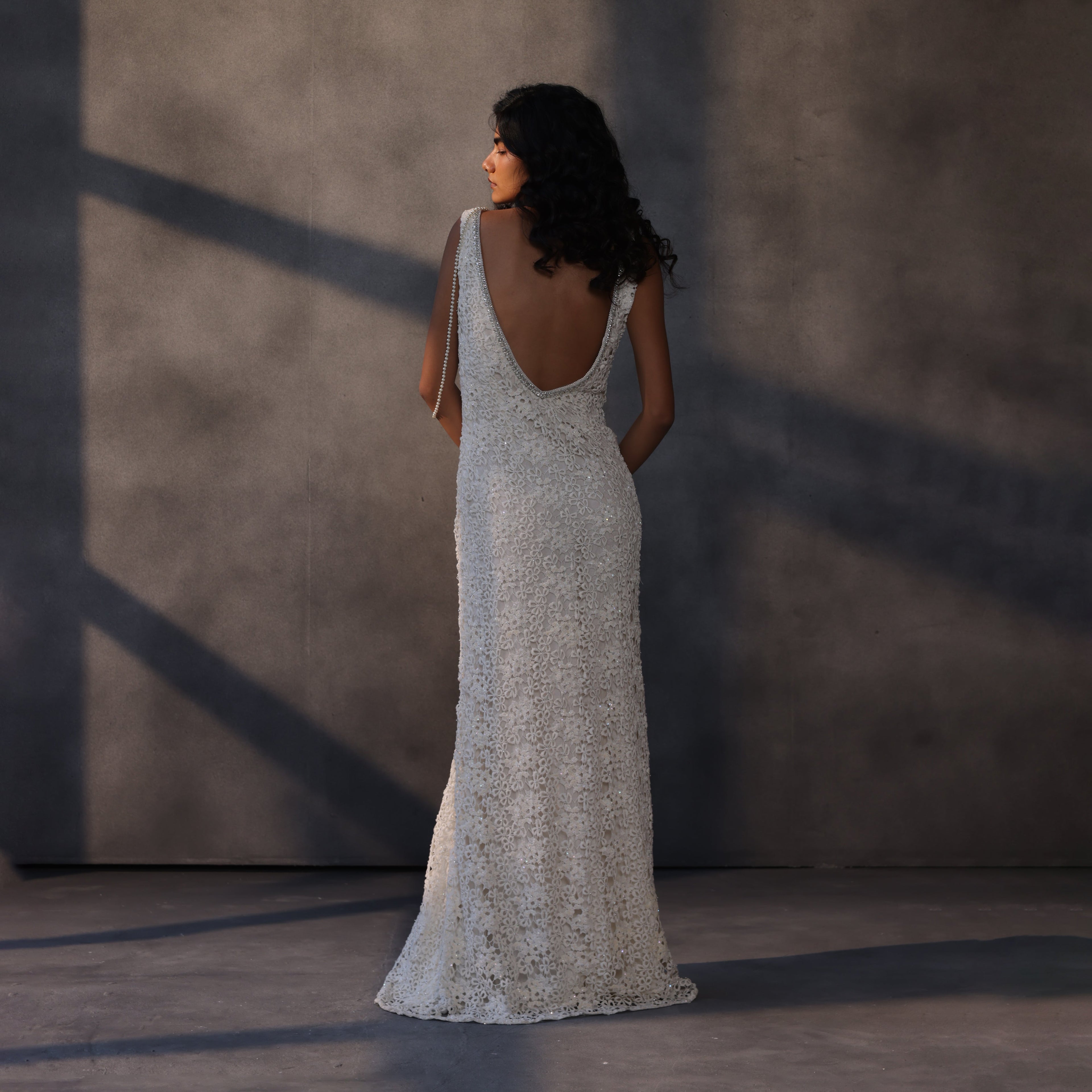 Silent Moon – Bejeweled Guipure Lace Gown