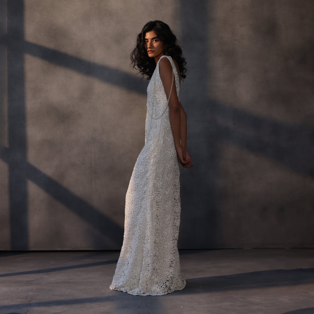 Silent Moon – Bejeweled Guipure Lace Gown