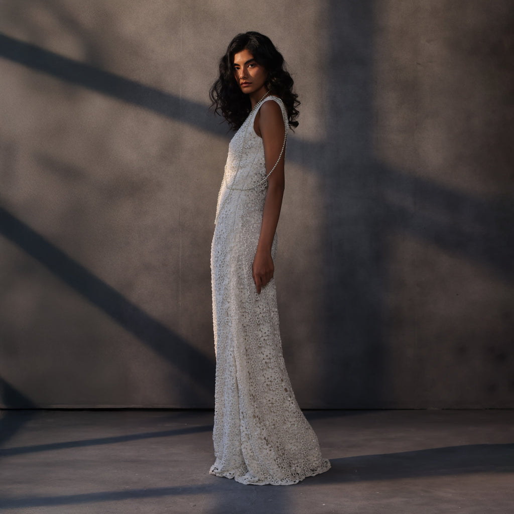 Silent Moon – Bejeweled Guipure Lace Gown