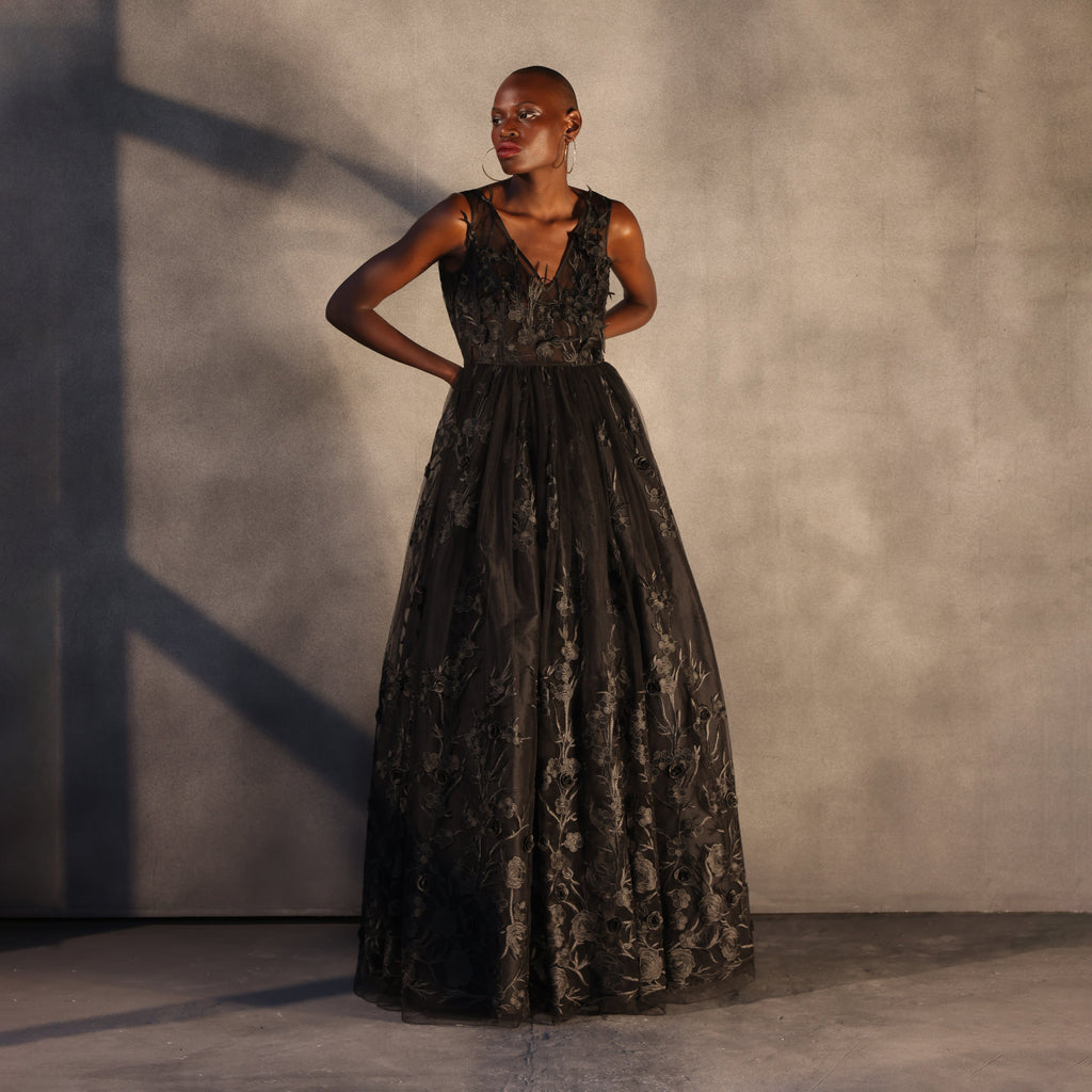 Shadow Blossom – Floating Flower Lace Dress