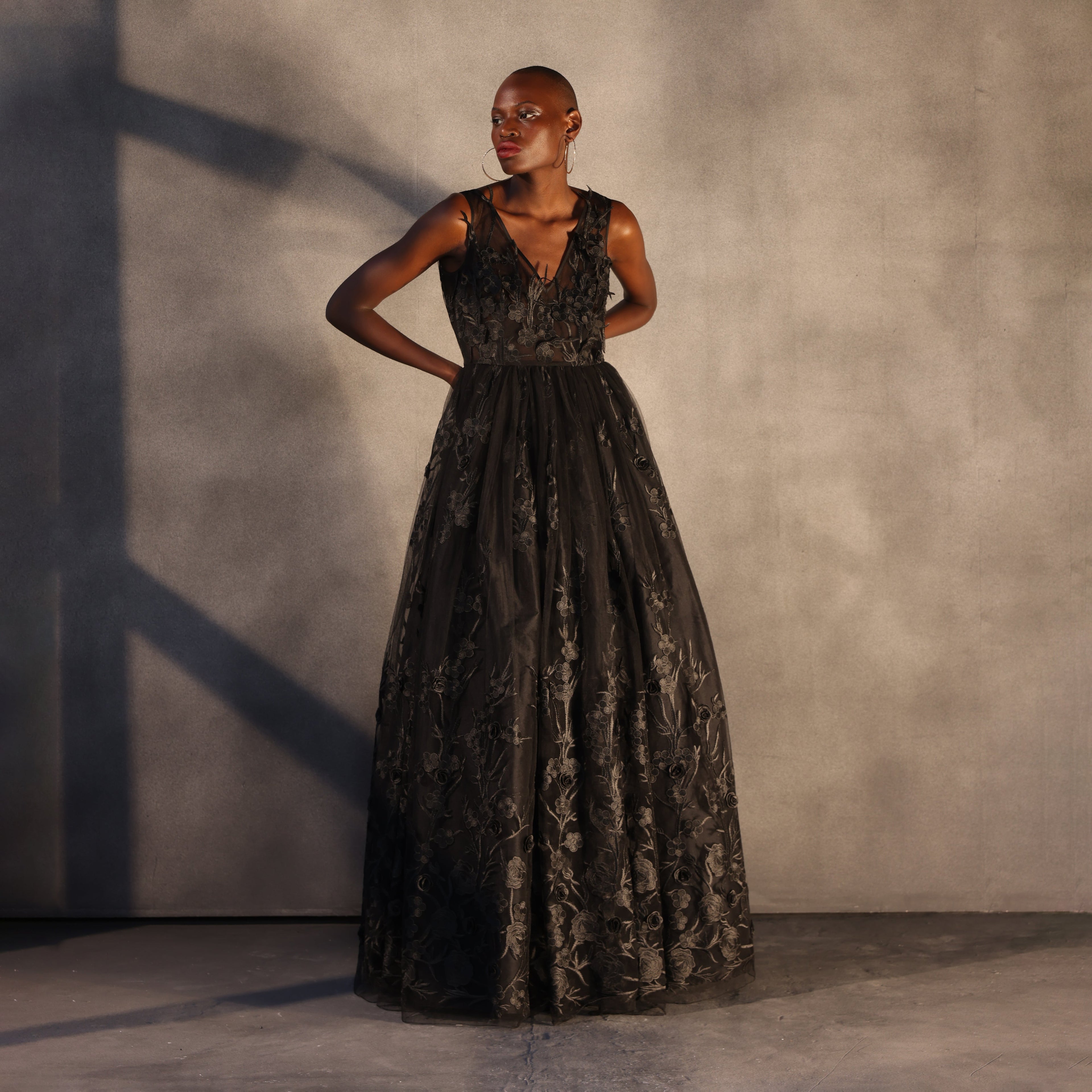 Shadow Blossom – Floating Flower Lace Dress