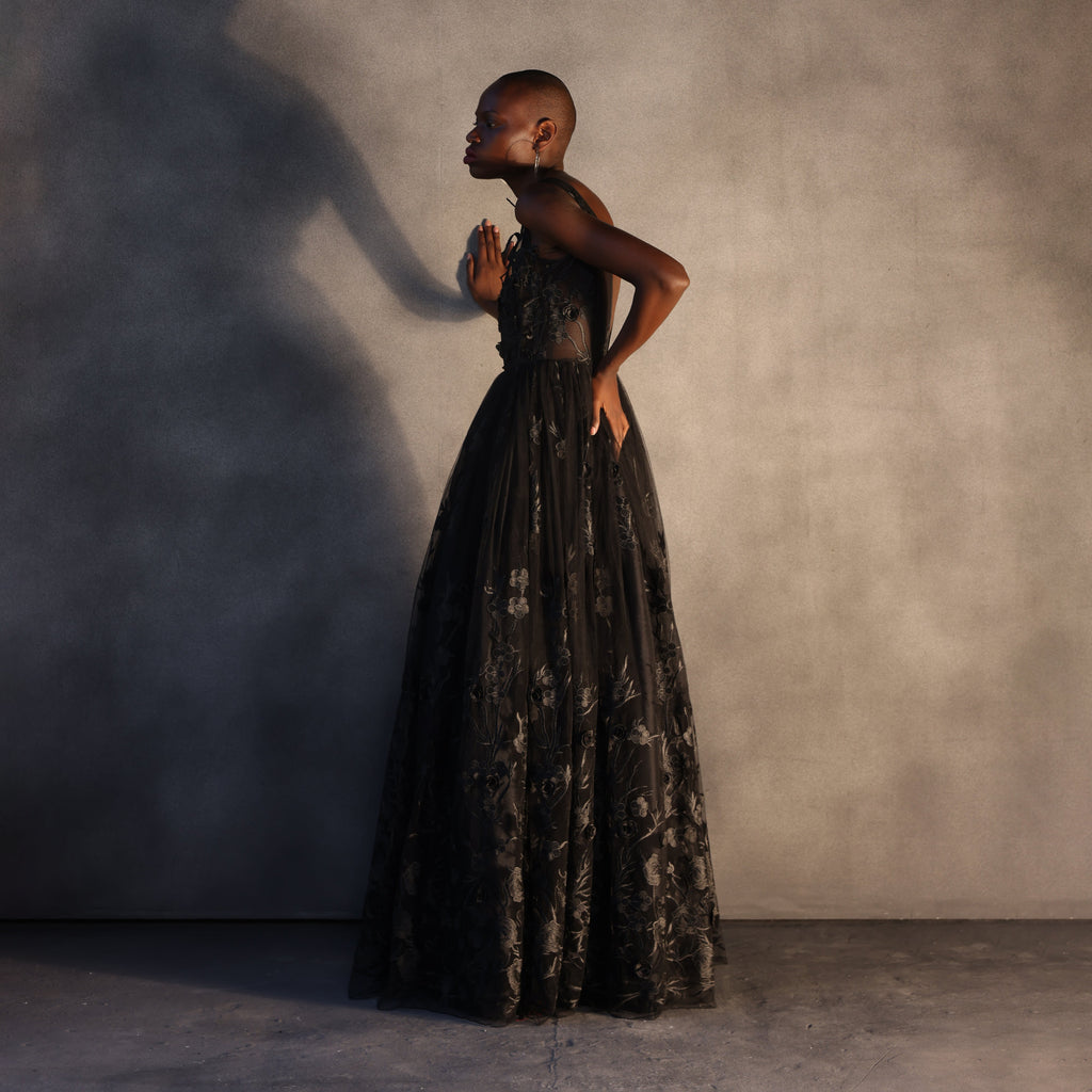 Shadow Blossom – Floating Flower Lace Dress