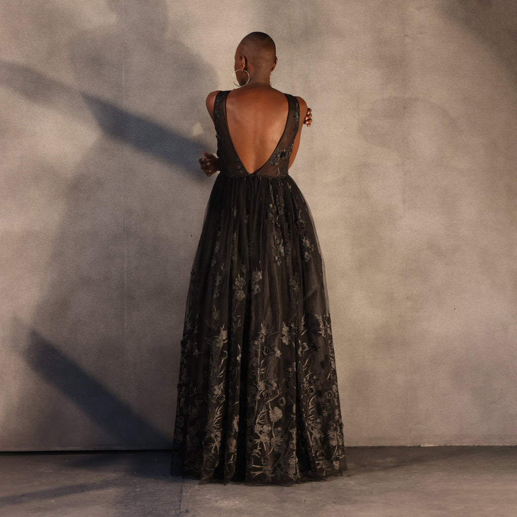 Shadow Blossom – Floating Flower Lace Dress