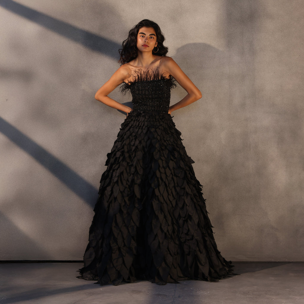 Eclipse Reign – Feathered Corset Gown