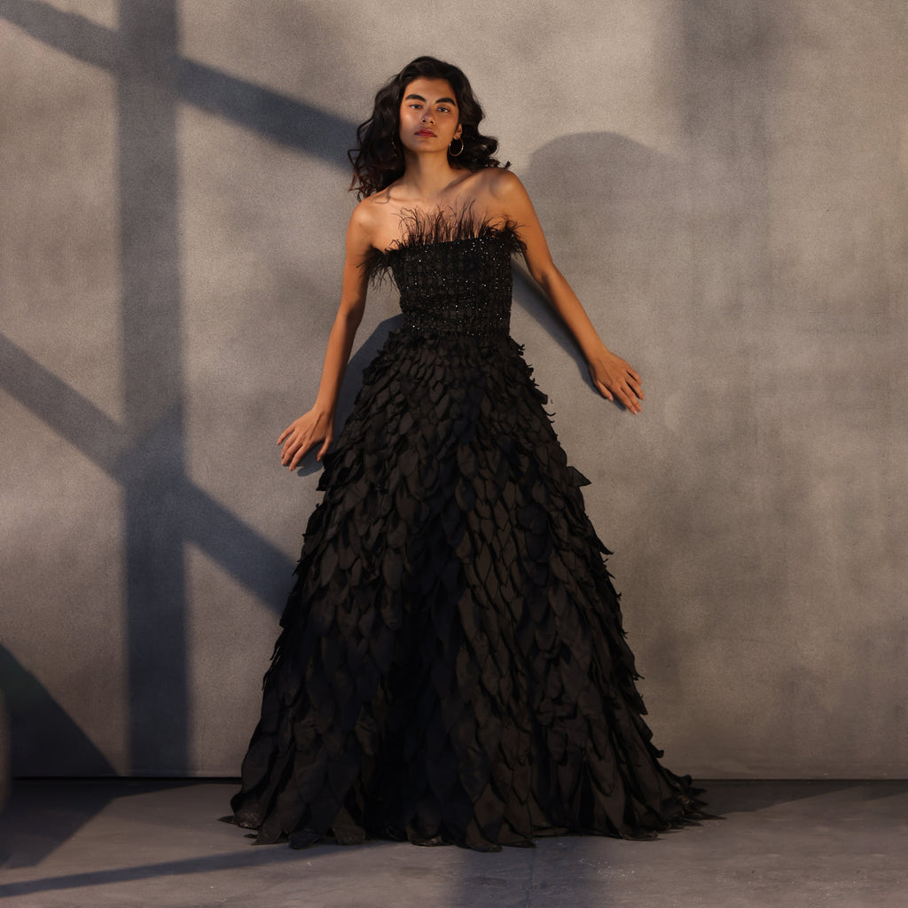 Eclipse Reign – Feathered Corset Gown