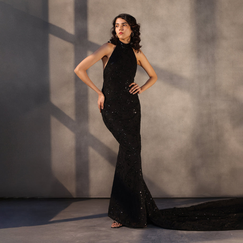 Midnight Oath – Embroidered Georgette Gown