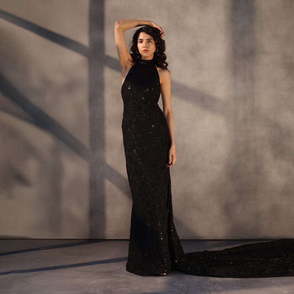 Midnight Oath – Embroidered Georgette Gown