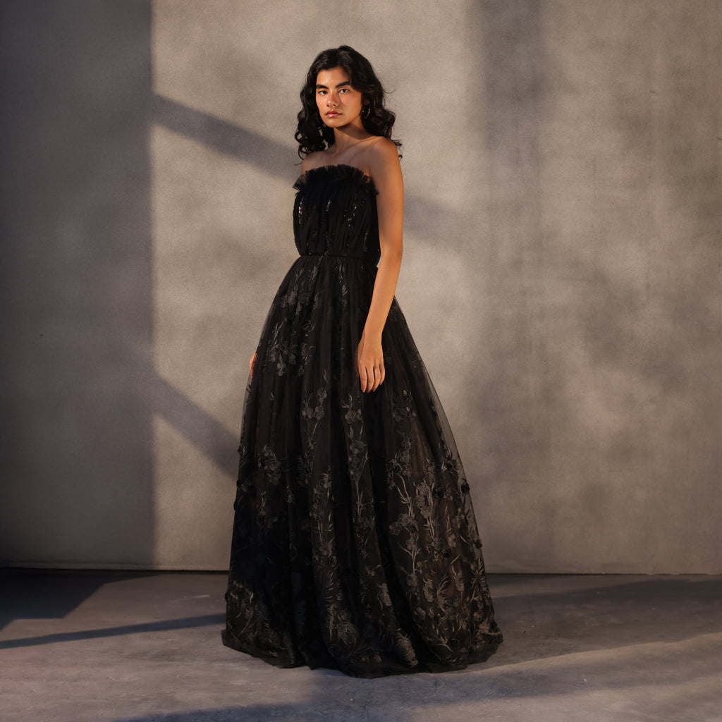 Eclipse Bloom – Lace Appliqué Corset Gown