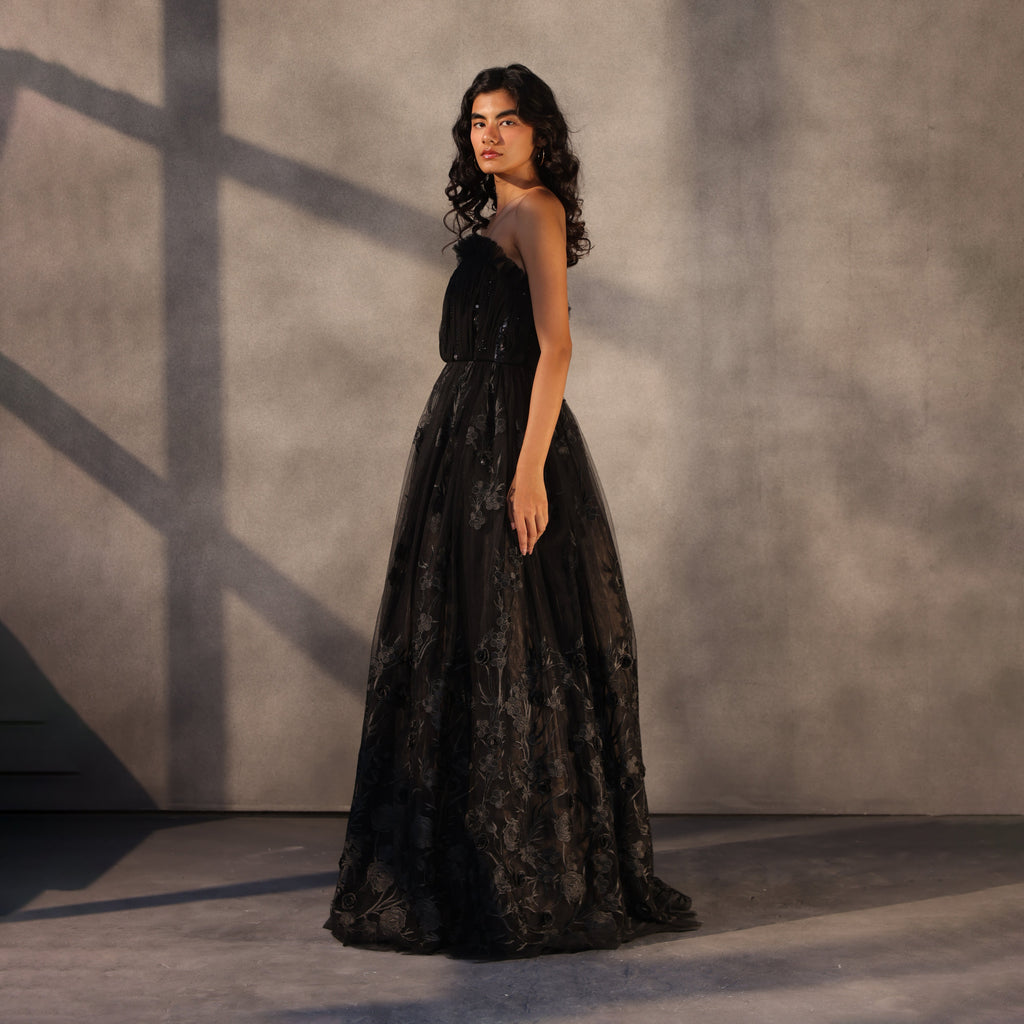 Eclipse Bloom – Lace Appliqué Corset Gown