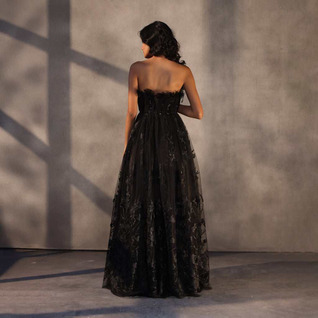 Eclipse Bloom – Lace Appliqué Corset Gown