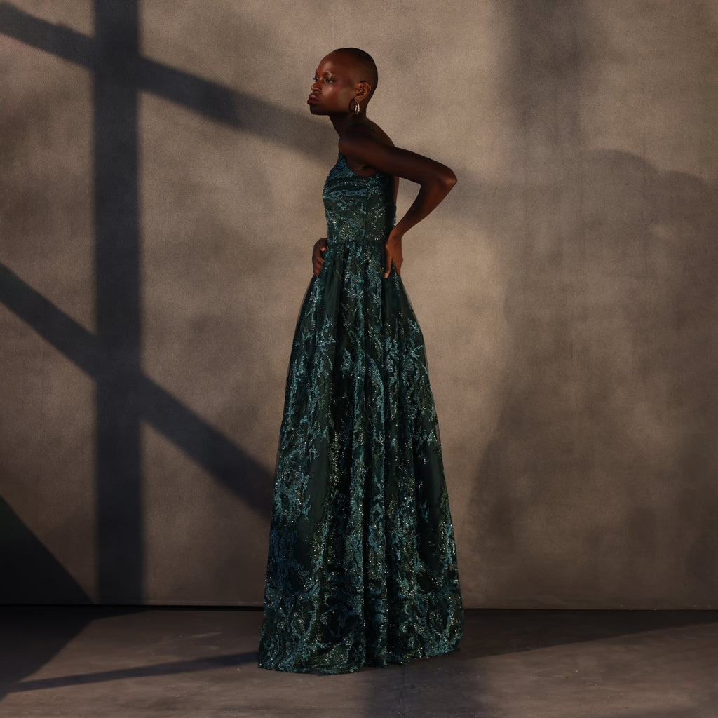 Verdant Eclipse – Appliqué Lace Dress