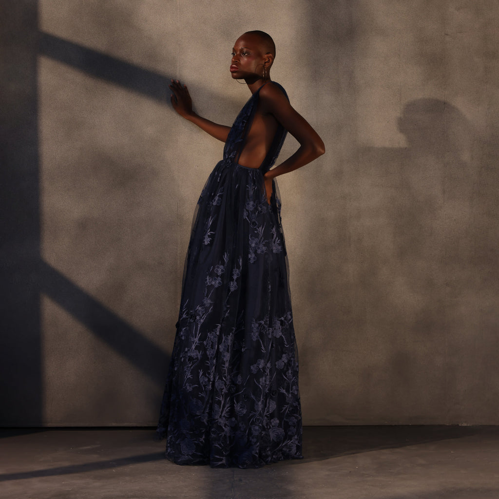 Celestial Drift – Lace Appliqué Ballgown