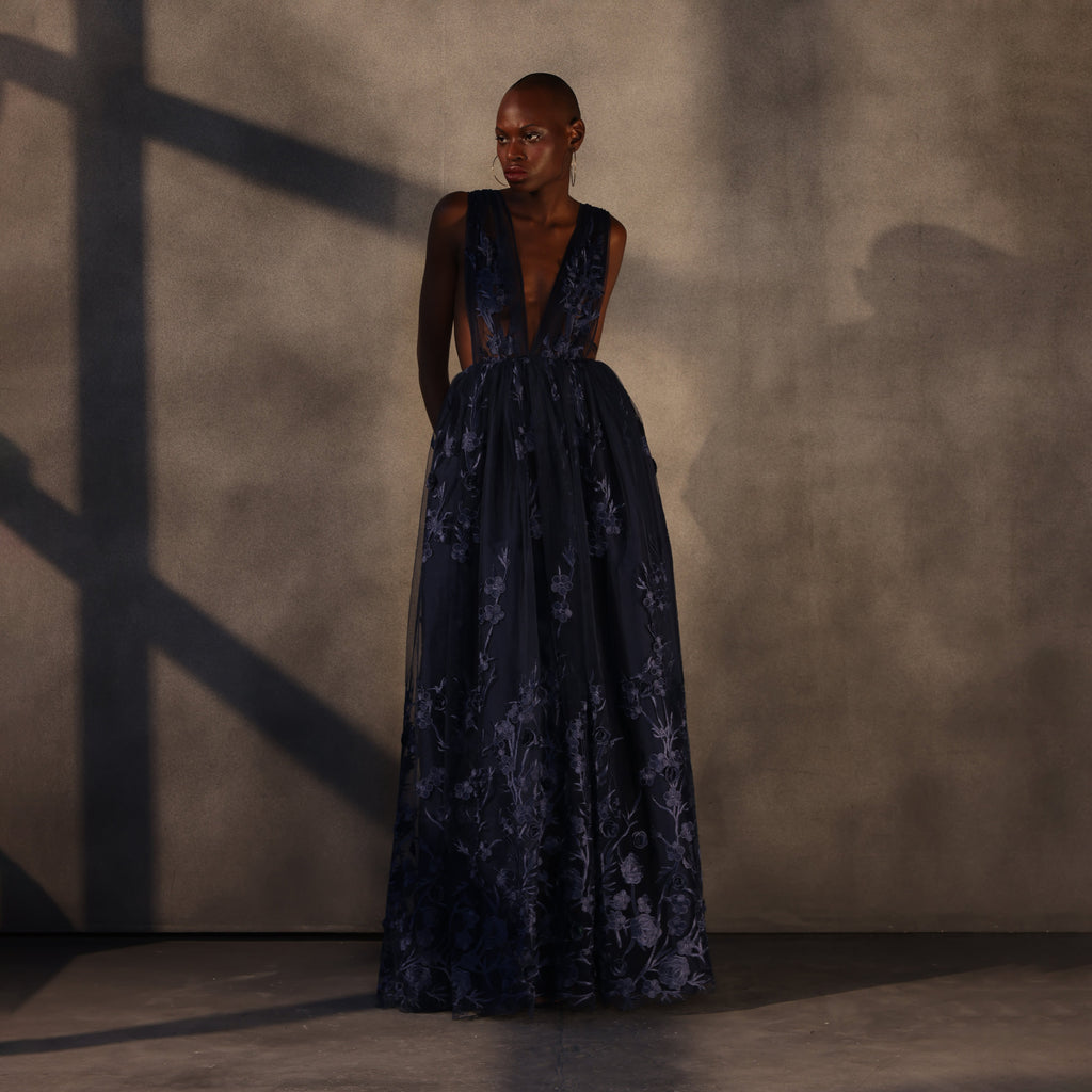 Celestial Drift – Lace Appliqué Ballgown