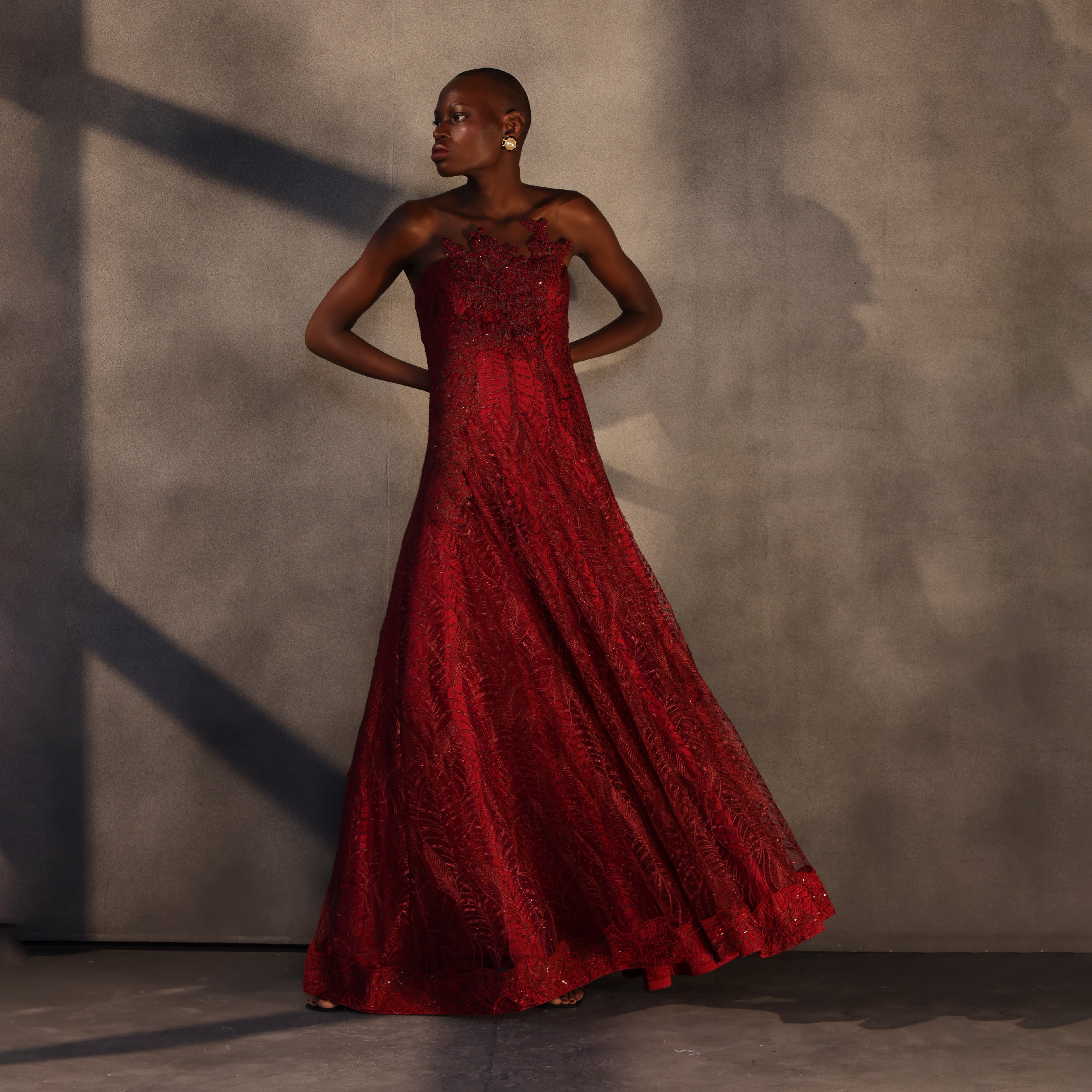 Crimson Bloom – Lace Panelled Gown