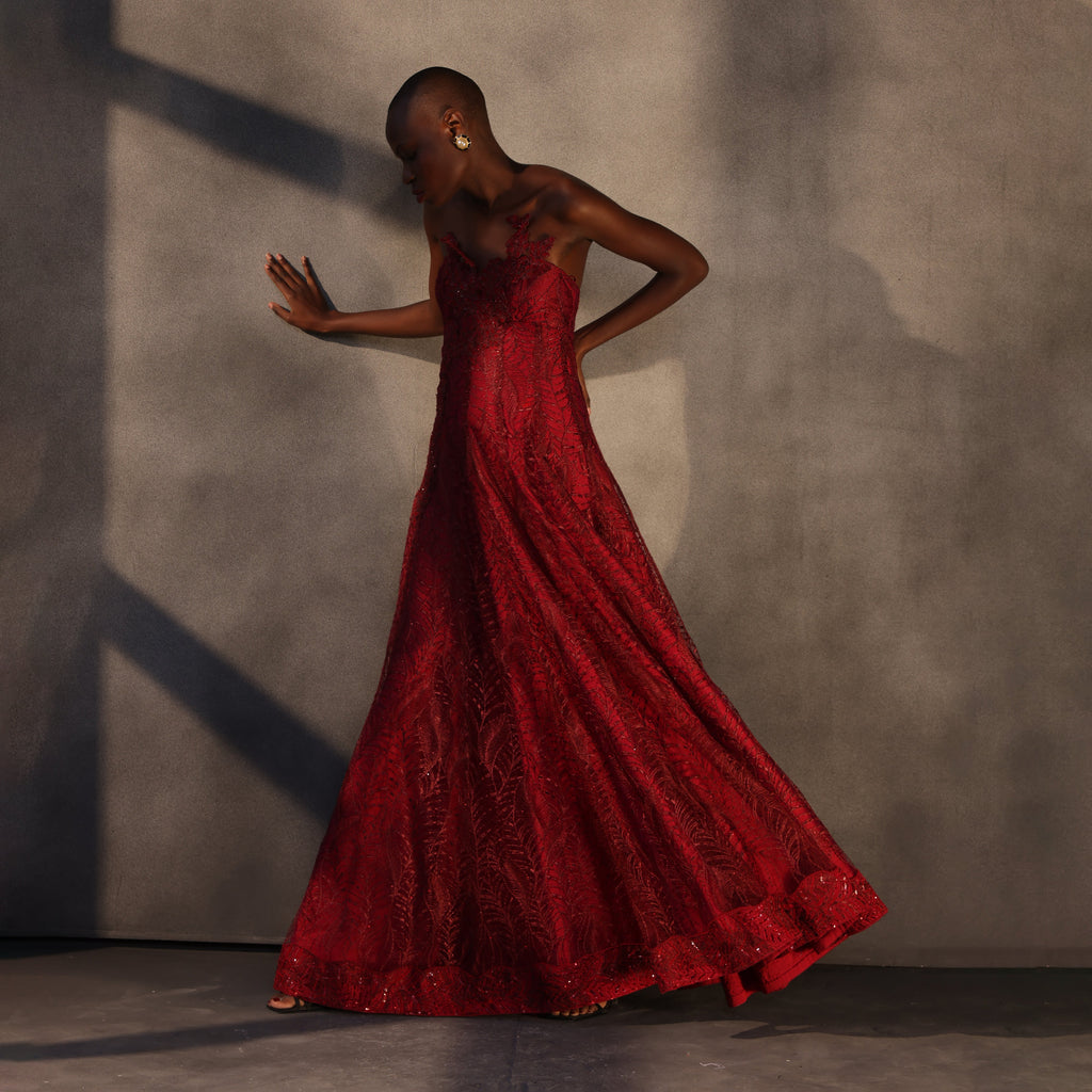 Crimson Bloom – Lace Panelled Gown