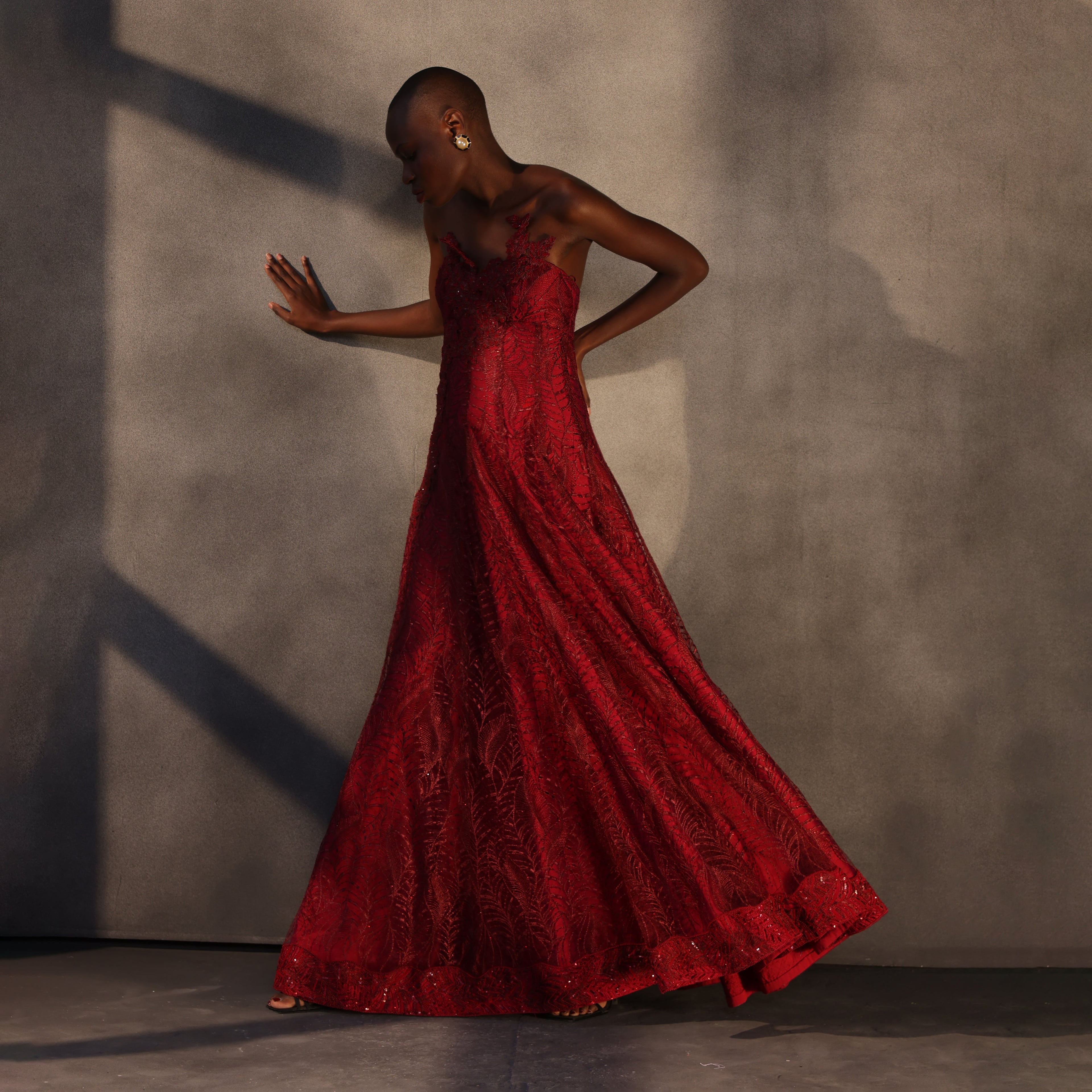 Crimson Bloom – Lace Panelled Gown