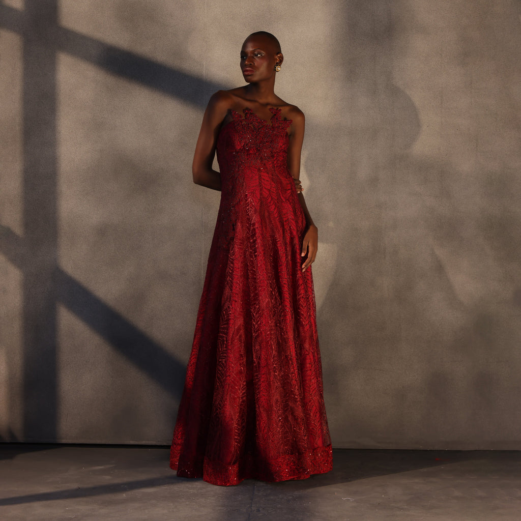 Crimson Bloom – Lace Panelled Gown