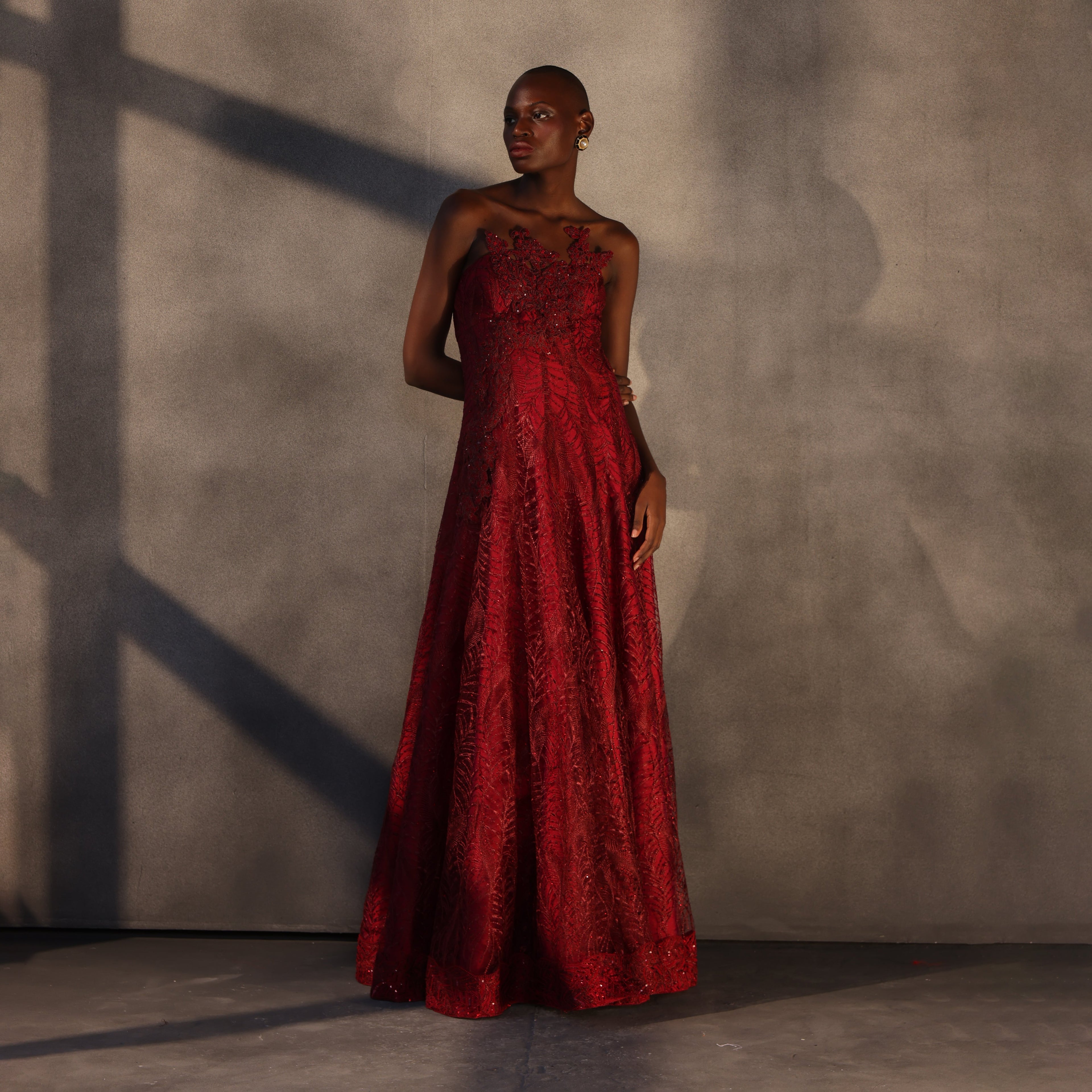 Crimson Bloom – Lace Panelled Gown