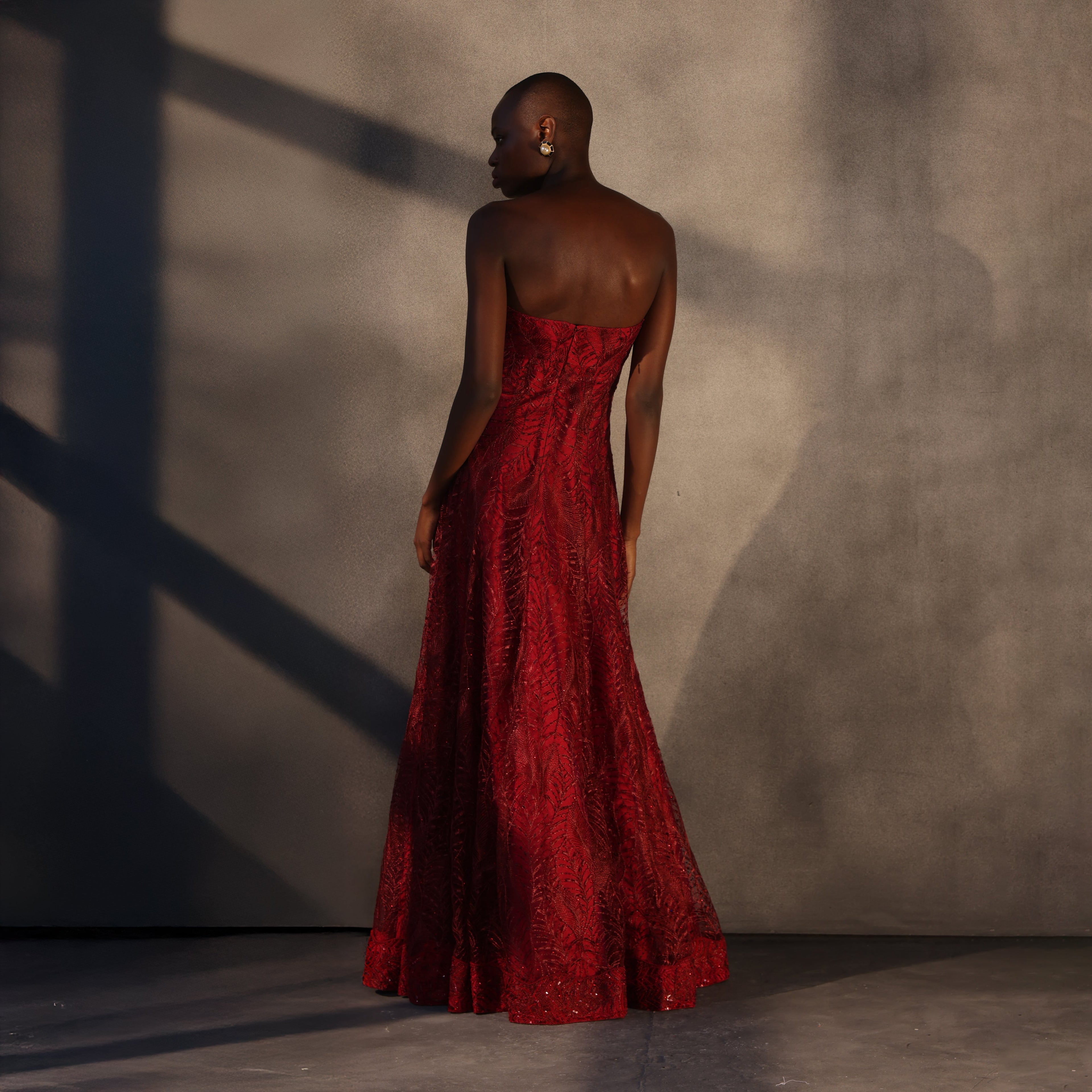 Crimson Bloom – Lace Panelled Gown
