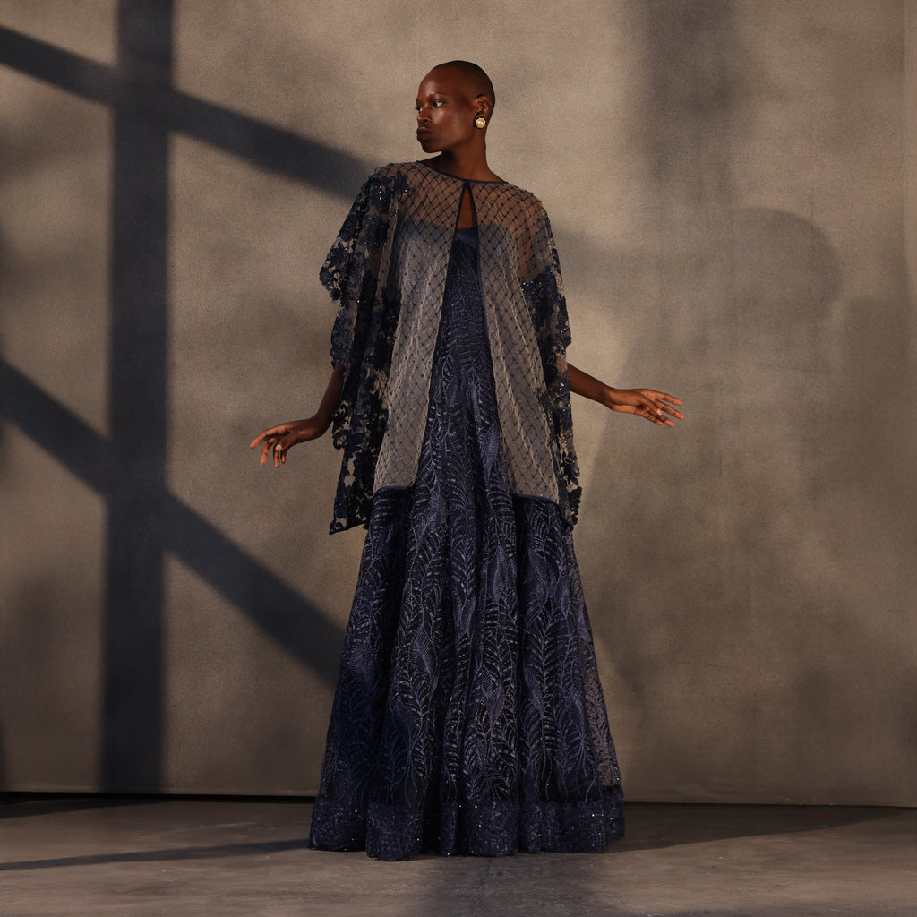 Midnight Mirage – Embroidered Lace Gown