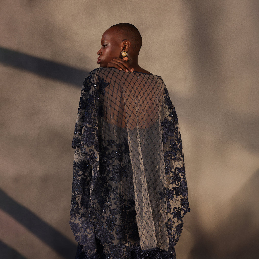 Midnight Mirage – Embroidered Lace Gown