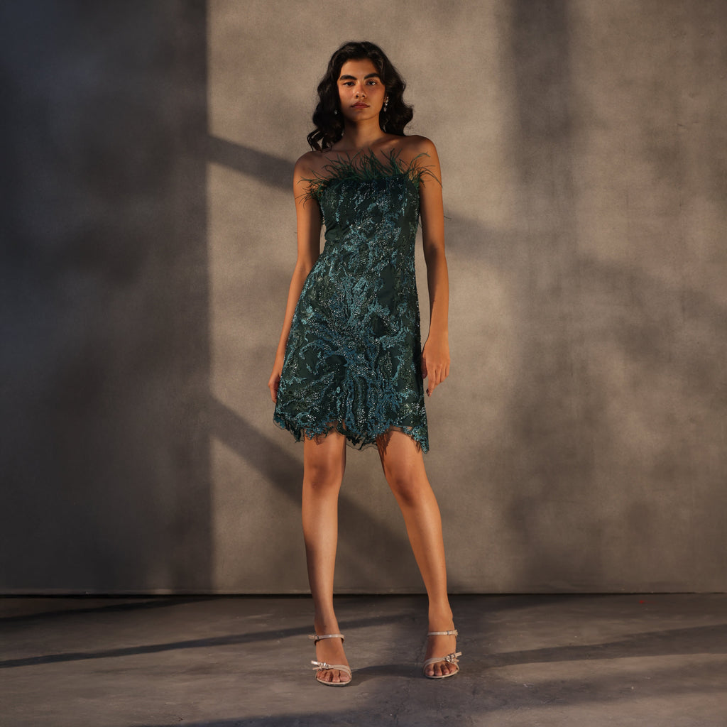 Emerald Reverie – Feathered Corset Dress