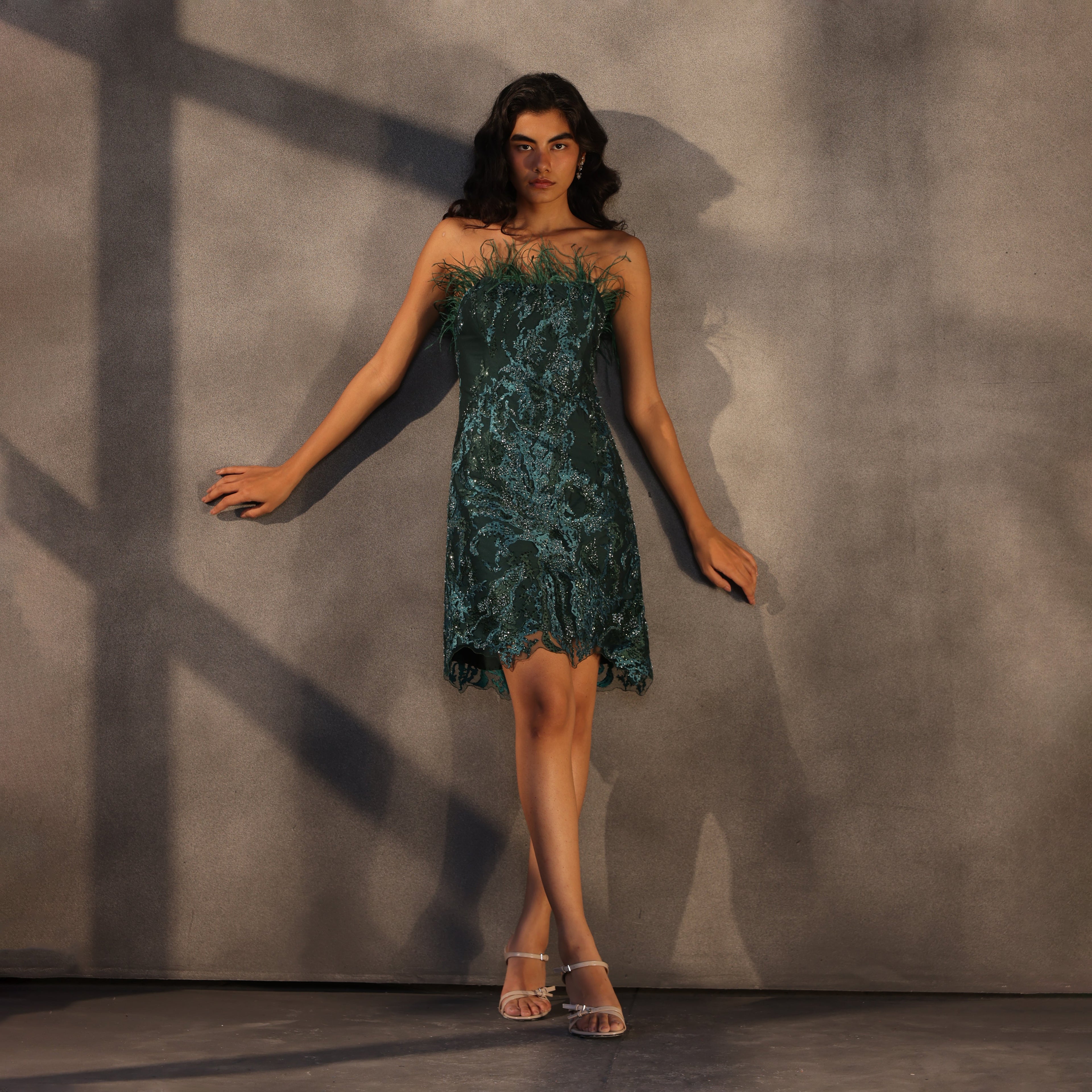 Emerald Reverie – Feathered Corset Dress